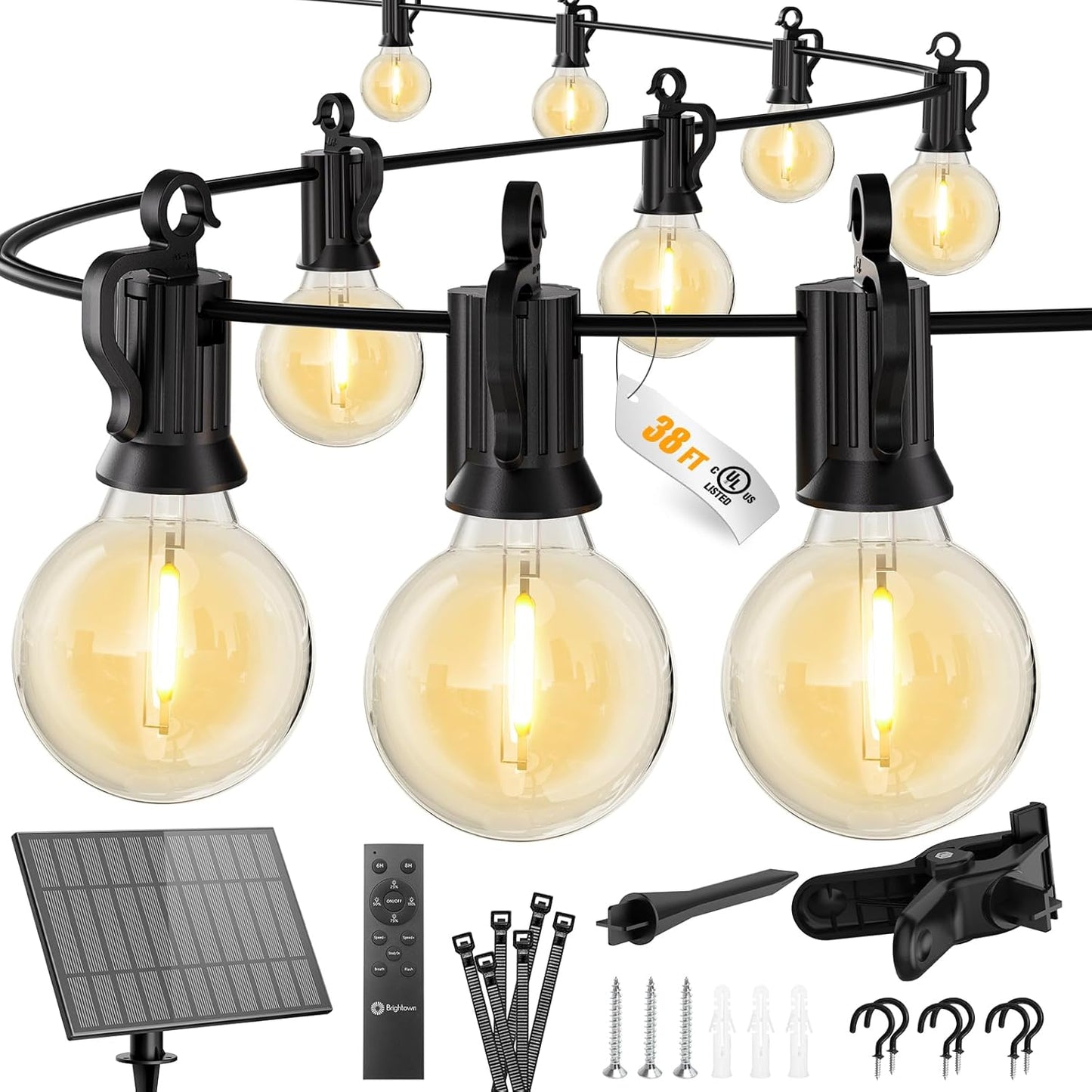 Solar String Lights Outdoor 108FT with Remote - 52 Dimmable LED Bulbs for Patio, Garden, Wedding