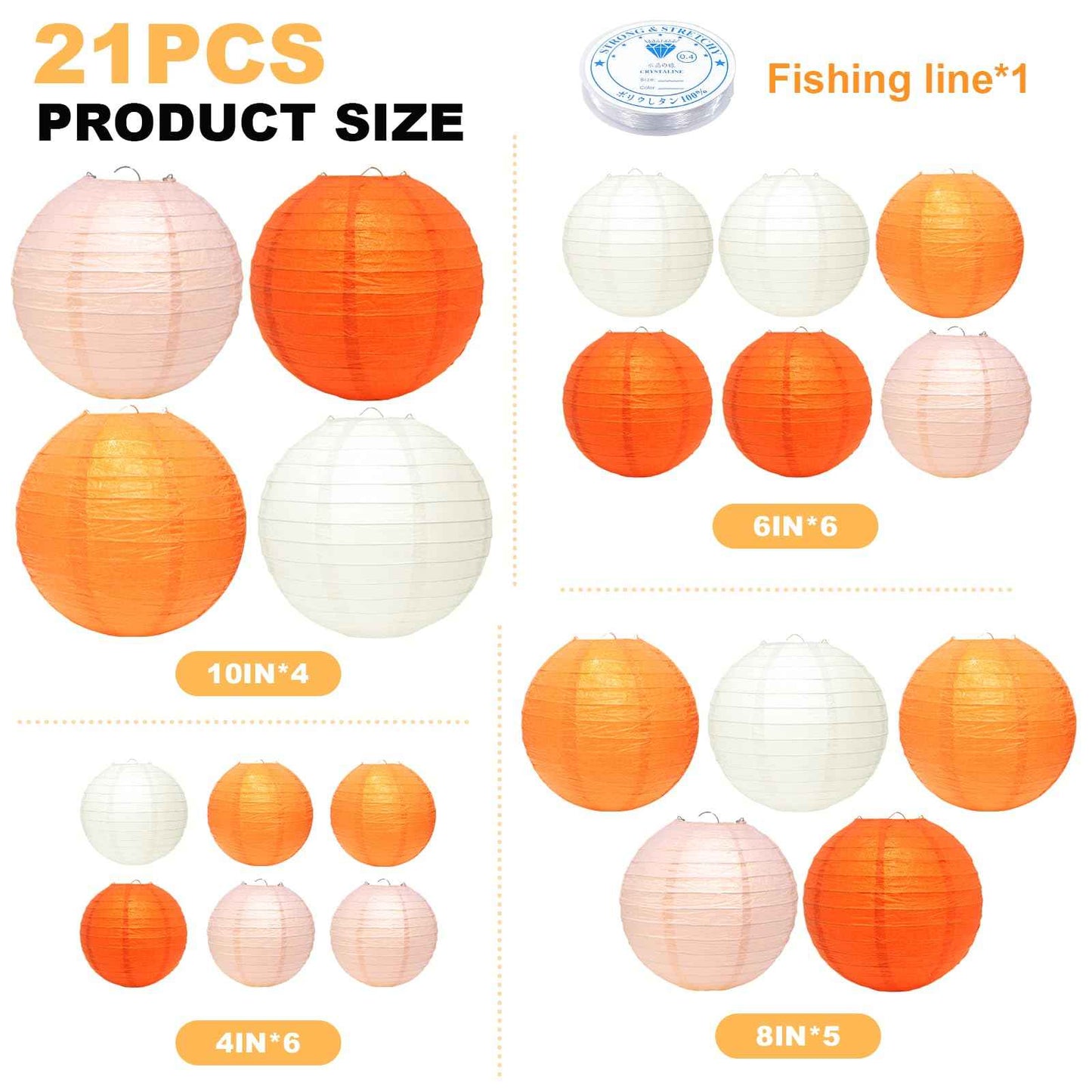 21 Pcs Orange Paper Lanterns Party Decorations, 4/6/8/10 Inch Thanksgiving Party Hanging Paper Lanterns for Fall Harvest, Wedding, Birthday, Baby Shower, Classroom Ceiling Home Decor Indoor Outdoor