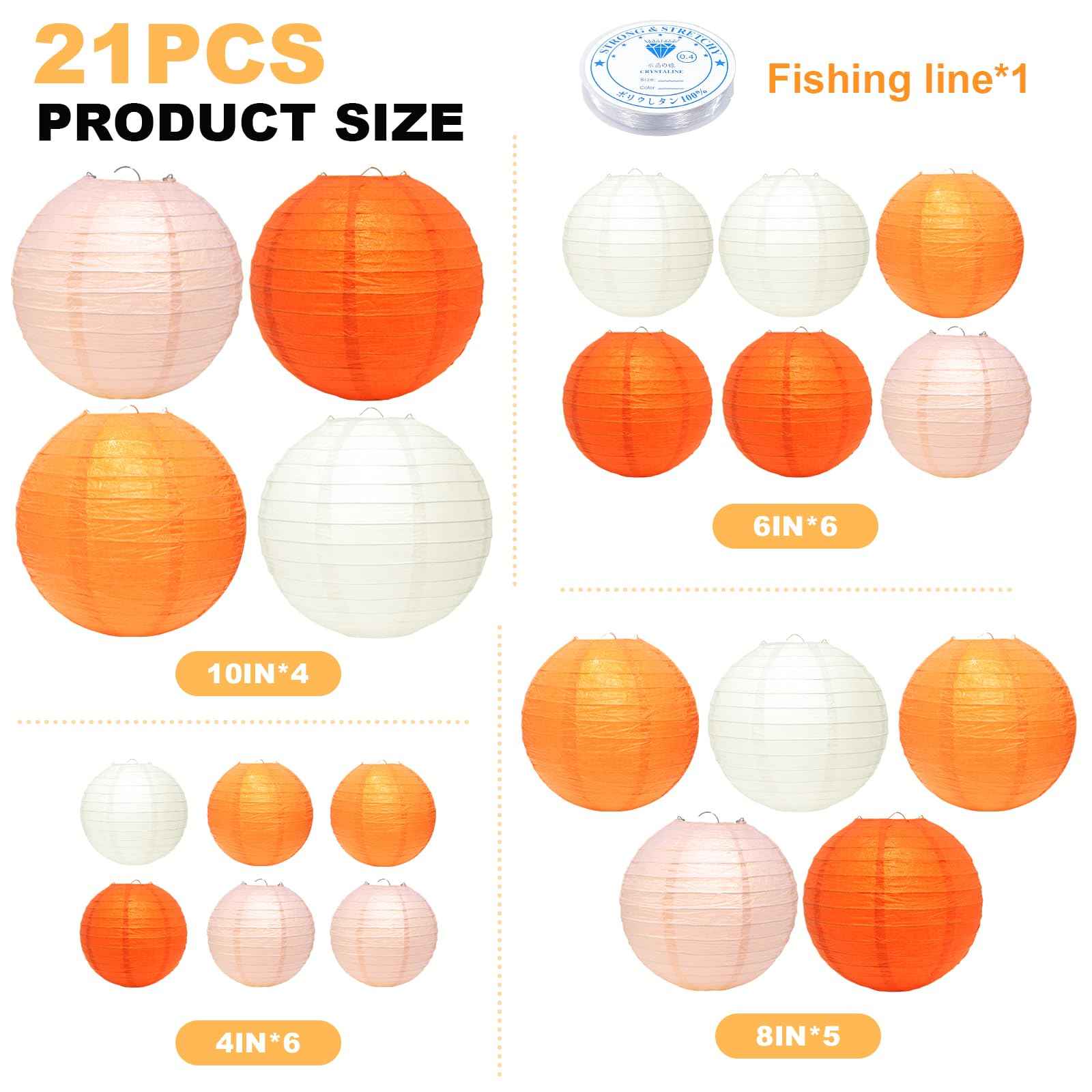 21 Pcs Orange Paper Lanterns Party Decorations, 4/6/8/10 Inch Thanksgiving Party Hanging Paper Lanterns for Fall Harvest, Wedding, Birthday, Baby Shower, Classroom Ceiling Home Decor Indoor Outdoor