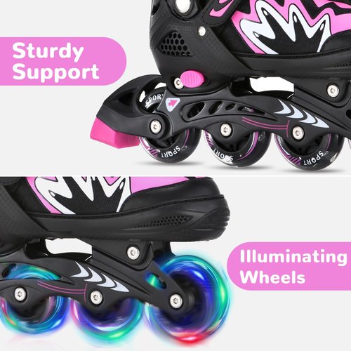 TOMSHOO Adjustable Inline Skates for Kids Outdoor Roller Skates with Full Light Up Wheels Fun Illuminating Skates for Girls and Boys Gift (Pink, Medium - Big Kid (13C-3))
