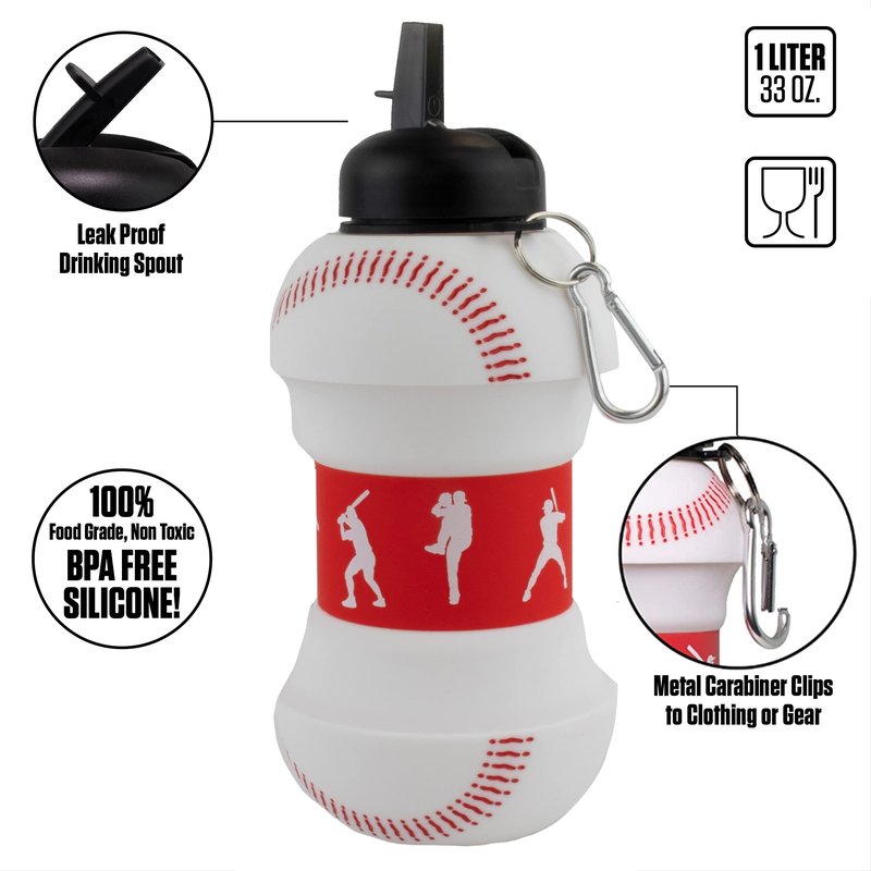 Maccabi Art Clip-On Collapsible 1 Liter, 34 oz. size BPA-Free Silicone Baseball Large Water Bottle for Kids