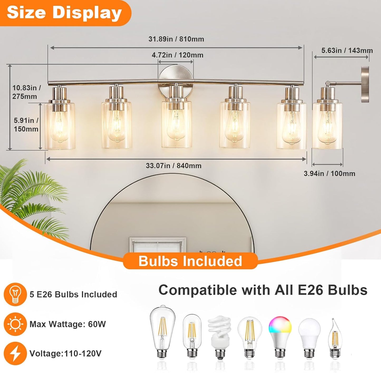 Modern Black 3-Light Bathroom Vanity Light Fixture with Clear Glass Shades - 2 Pack