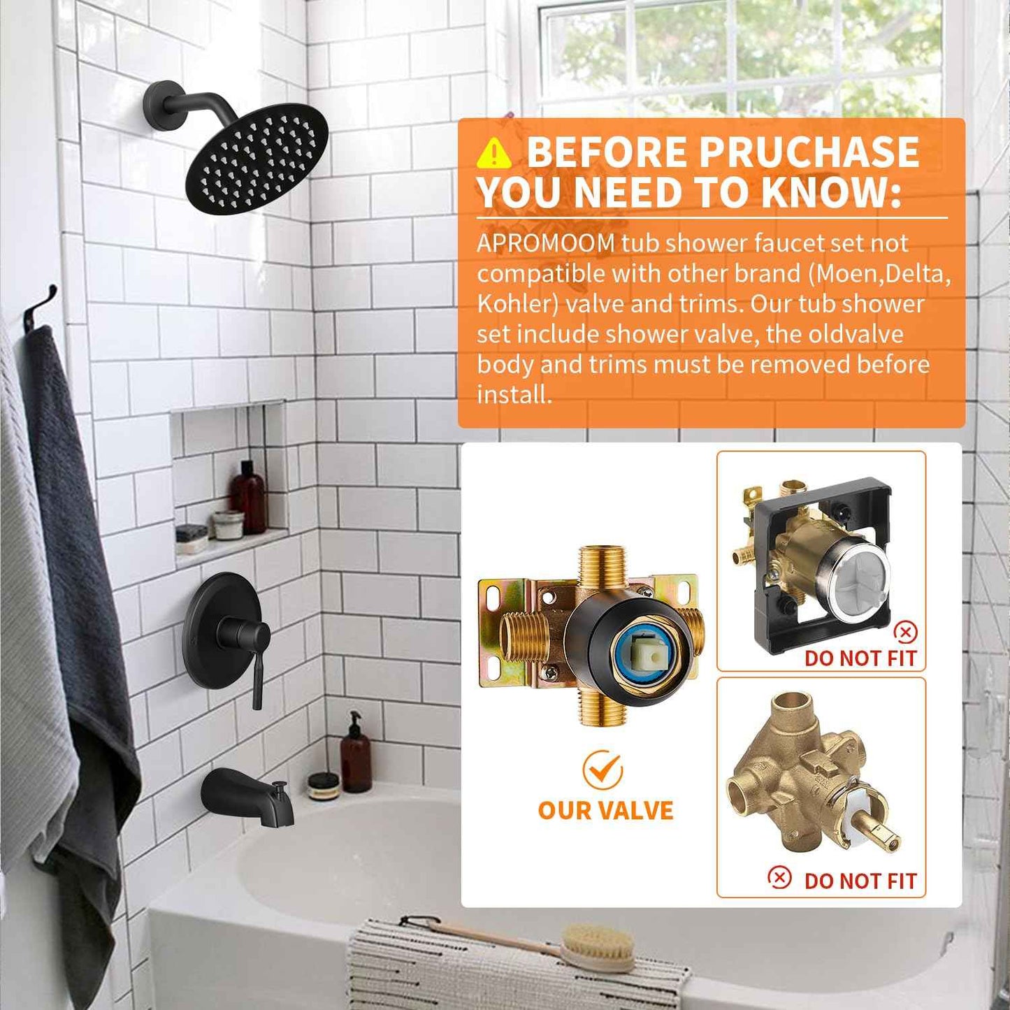 Tub Shower Faucet Set Valve Included with 6-Inch Rain Shower Head and Tub Spout Single-Handle Tub and Shower Trim Kit Matte Black