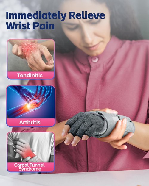 FEATOL Compression Arthritis Glove with Wrist Brace, Comfortable Fingerless Carpal Tunnel Hand Gloves for Women Night Support, Pain Relief for Rheumatoid Arthritis, Work, Typing - Right Hand, Medium