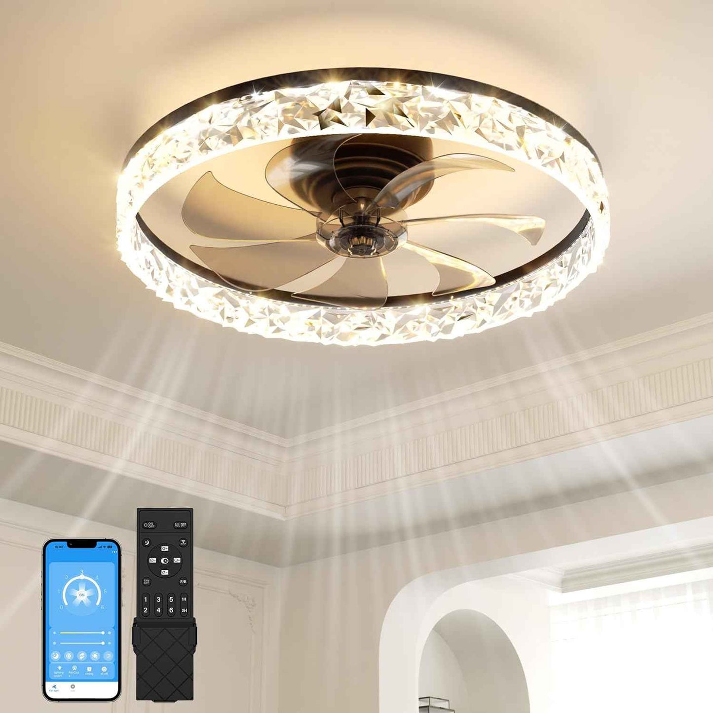 Modern Bladeless Ceiling Fan with Light & Remote - 15.7in Low Profile Fandelier, Dimmable 3000K-6500K for Bedroom