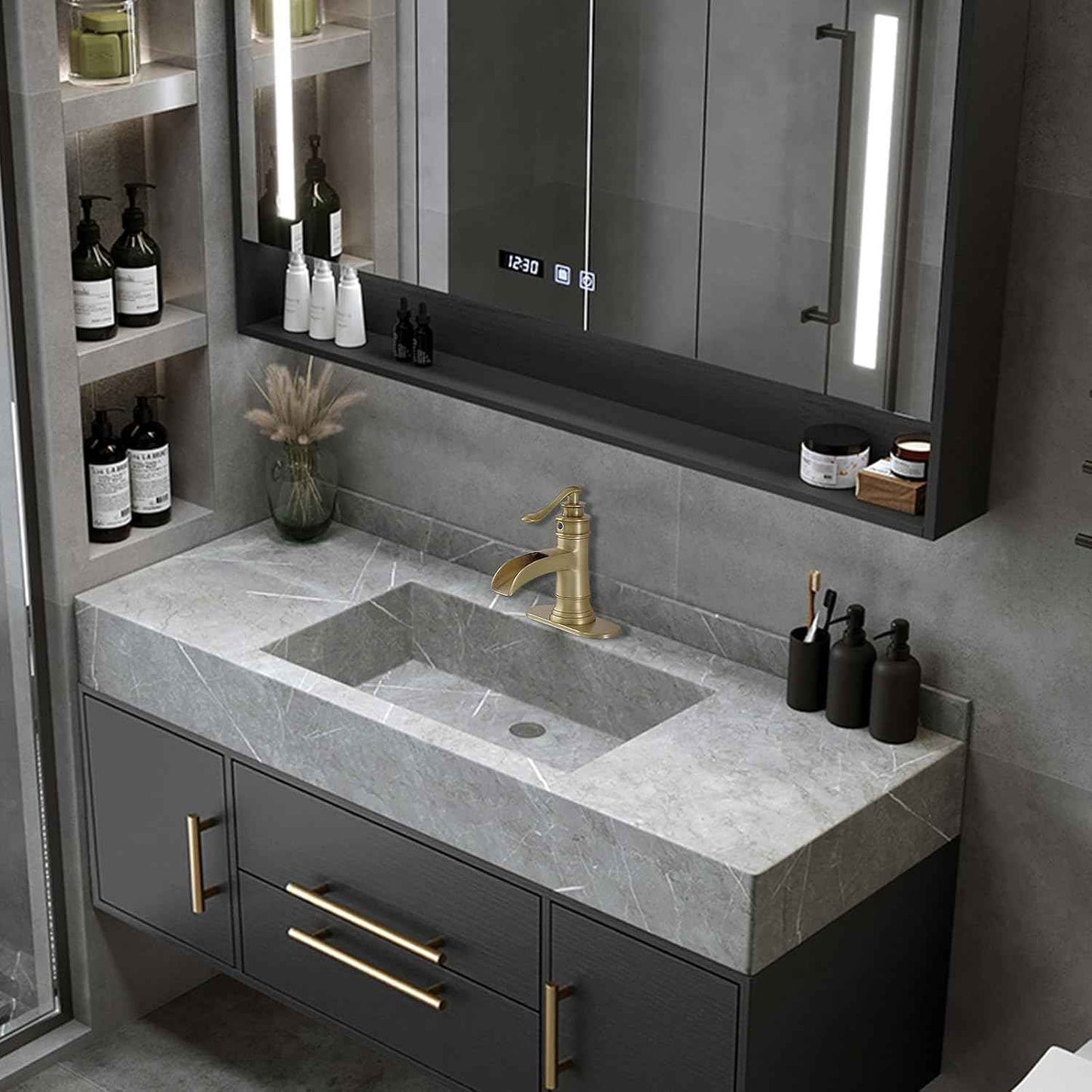 Matte Black Waterfall Bathroom Faucet - Single Handle Lavatory Sink Mixer with Brass Drain