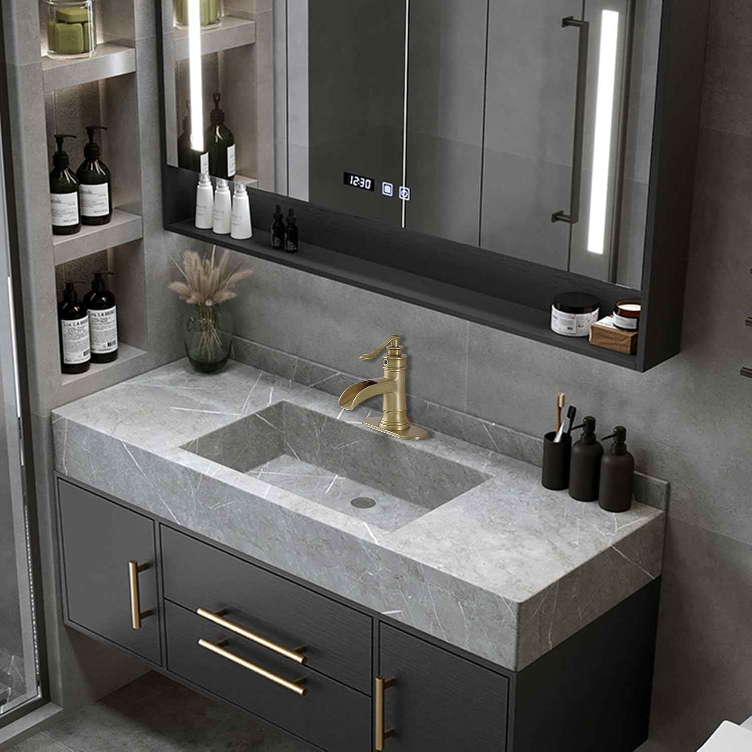 Matte Black Waterfall Bathroom Faucet - Single Handle Lavatory Sink Mixer with Brass Drain