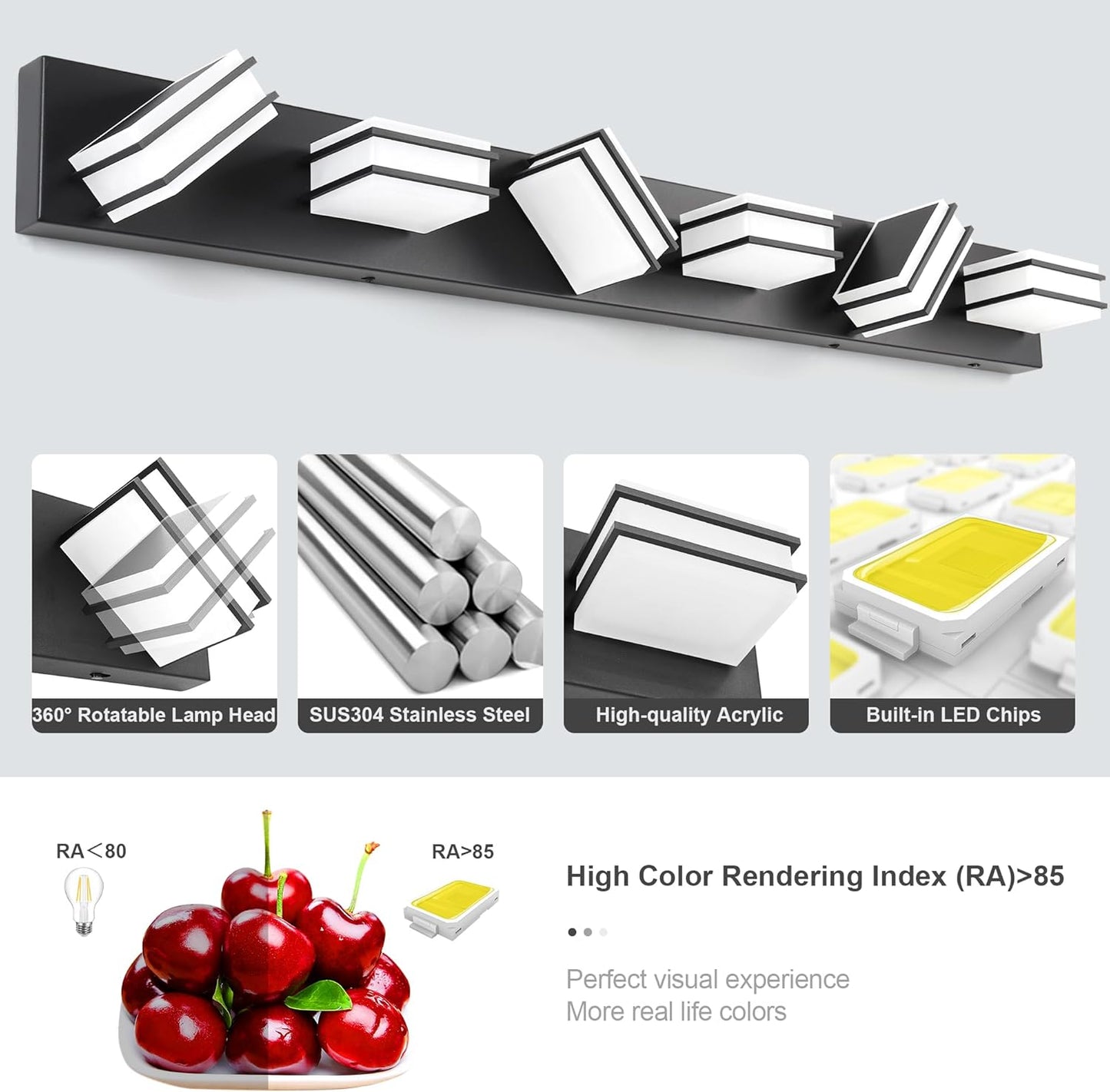 LED Chrome 3-Light Dimmable Bathroom Vanity Light Fixture - Modern Acrylic & Stainless Steel Over Mirror Lighting