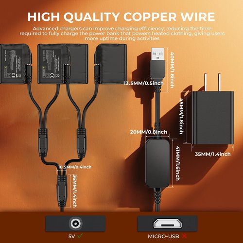 8.4V USB Charger Cable for 7.4V 2200mAh 3000mAh Rechargeable Lithium Polymer Battery for Heated Vests, Jackets, Hats, Socks, Hand Muff, Knee Pads Replacement Power Cord 4 Port