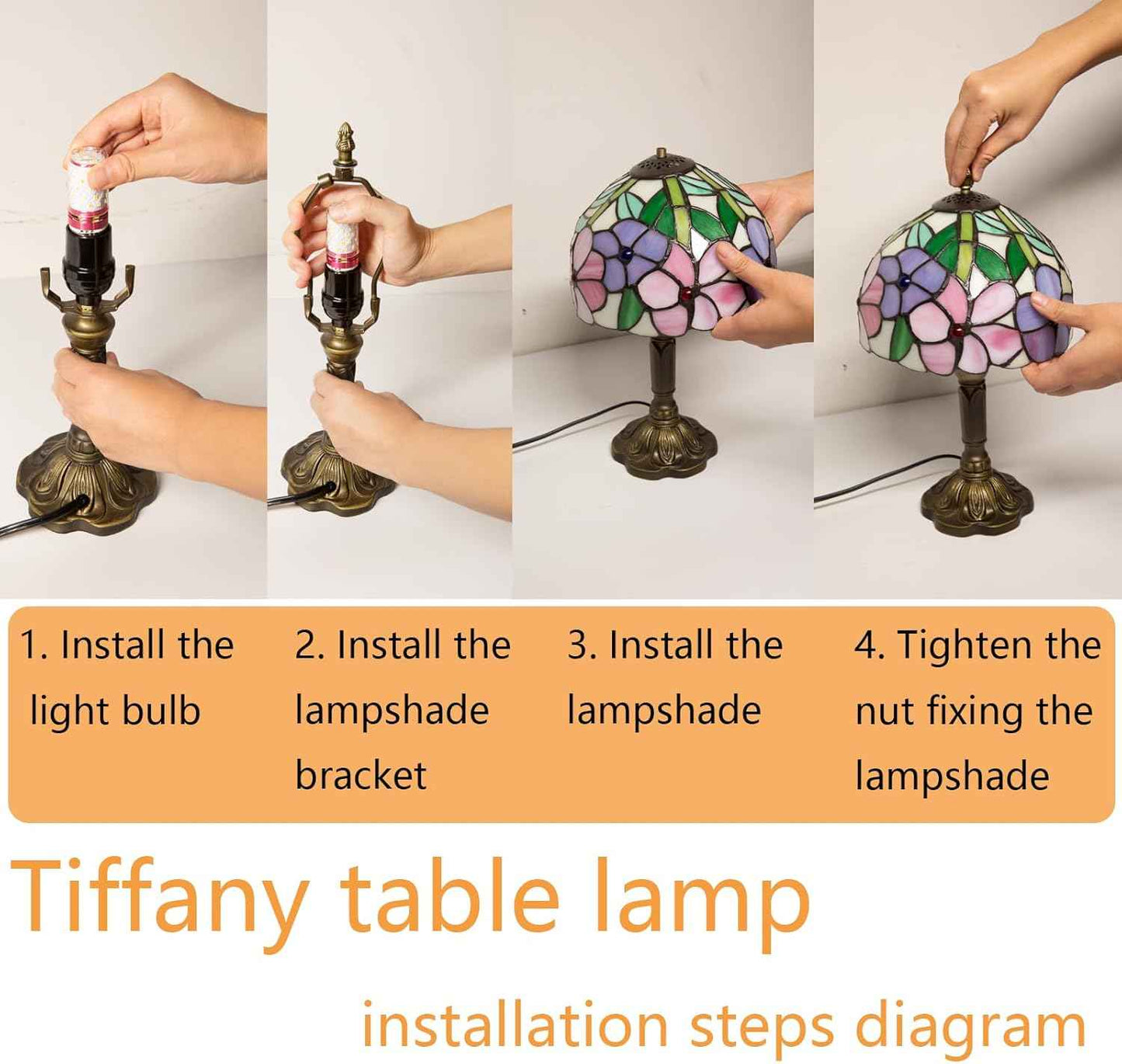 Tiffany Table Lamp - 8 Inch Antique Stained Glass, 3 Color Temperatures, Handcrafted for Bedroom & Living Room