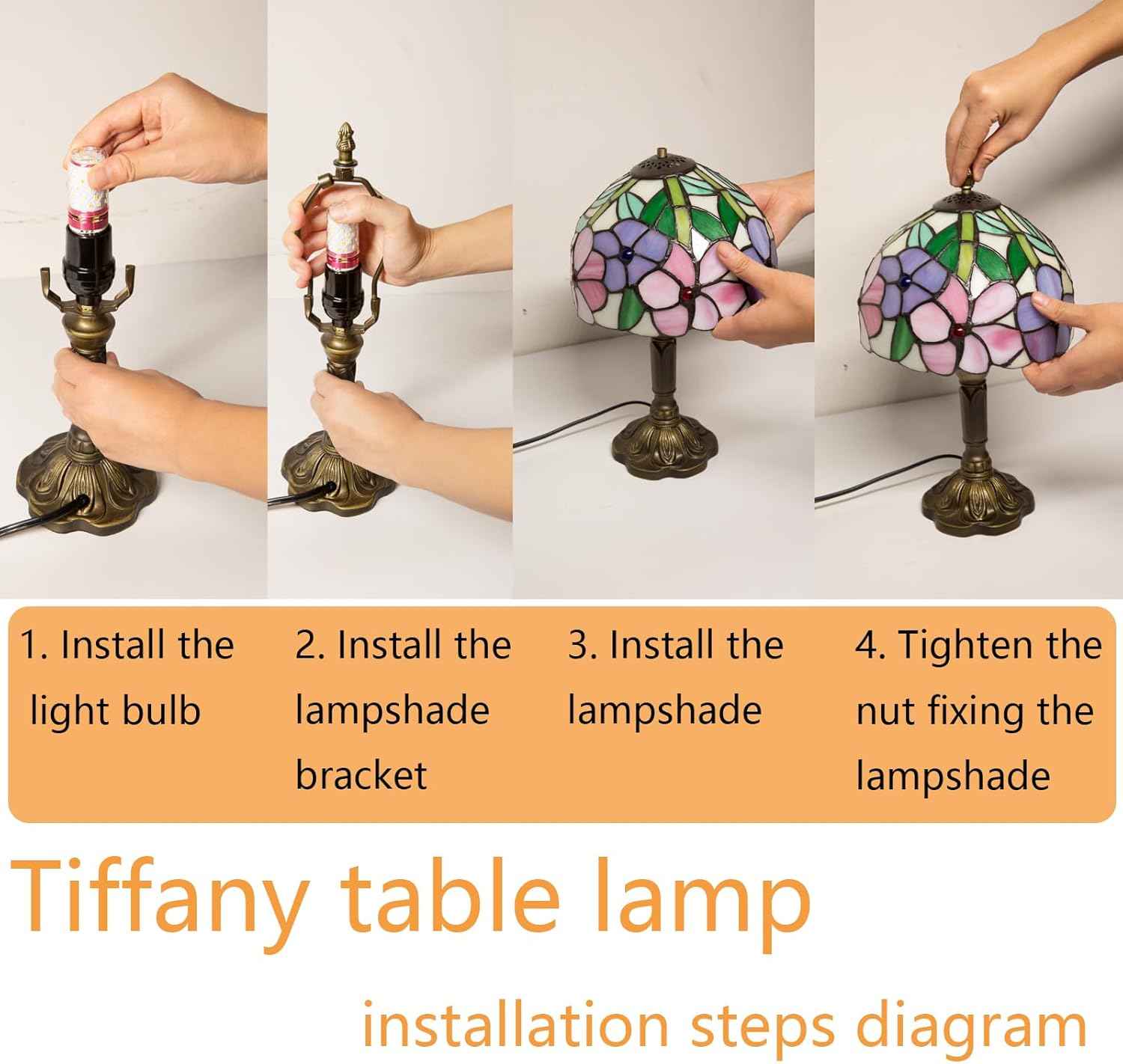 Tiffany Table Lamp - 8 Inch Antique Stained Glass, 3 Color Temperatures, Handcrafted for Bedroom & Living Room