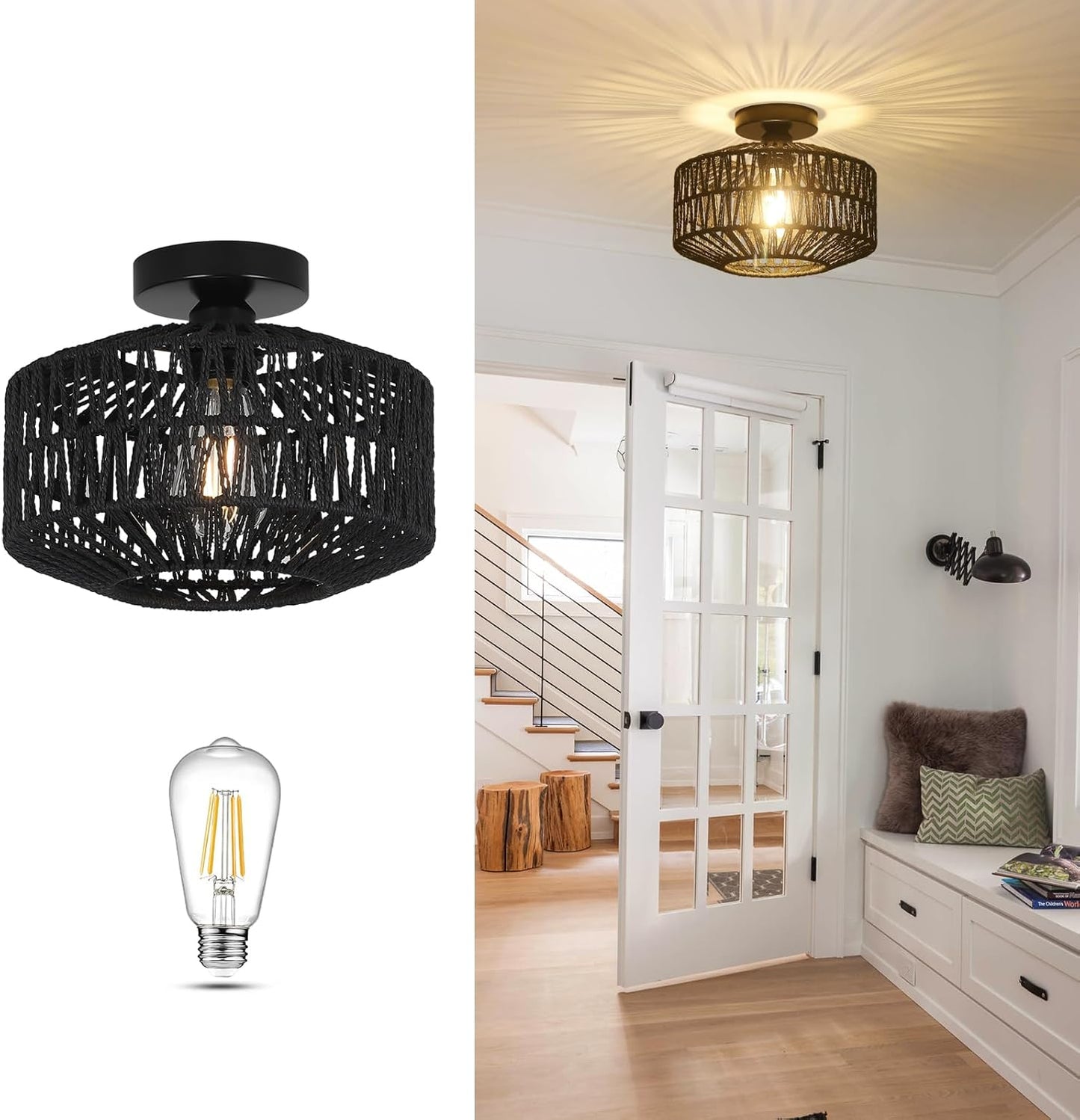 Boho Rattan Chandelier Ceiling Light Fixture with Dimmable LED Bulb - Hand Woven Flush Mount for Hallway, Bedroom, Kitchen & Living Room