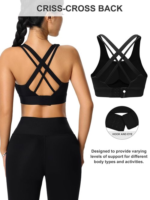 High Support Sports Bra for Women High Impact Womens Sports Bras Adjustbale Back Closure Molded Cup Cross Back Running Workout Bra Black
