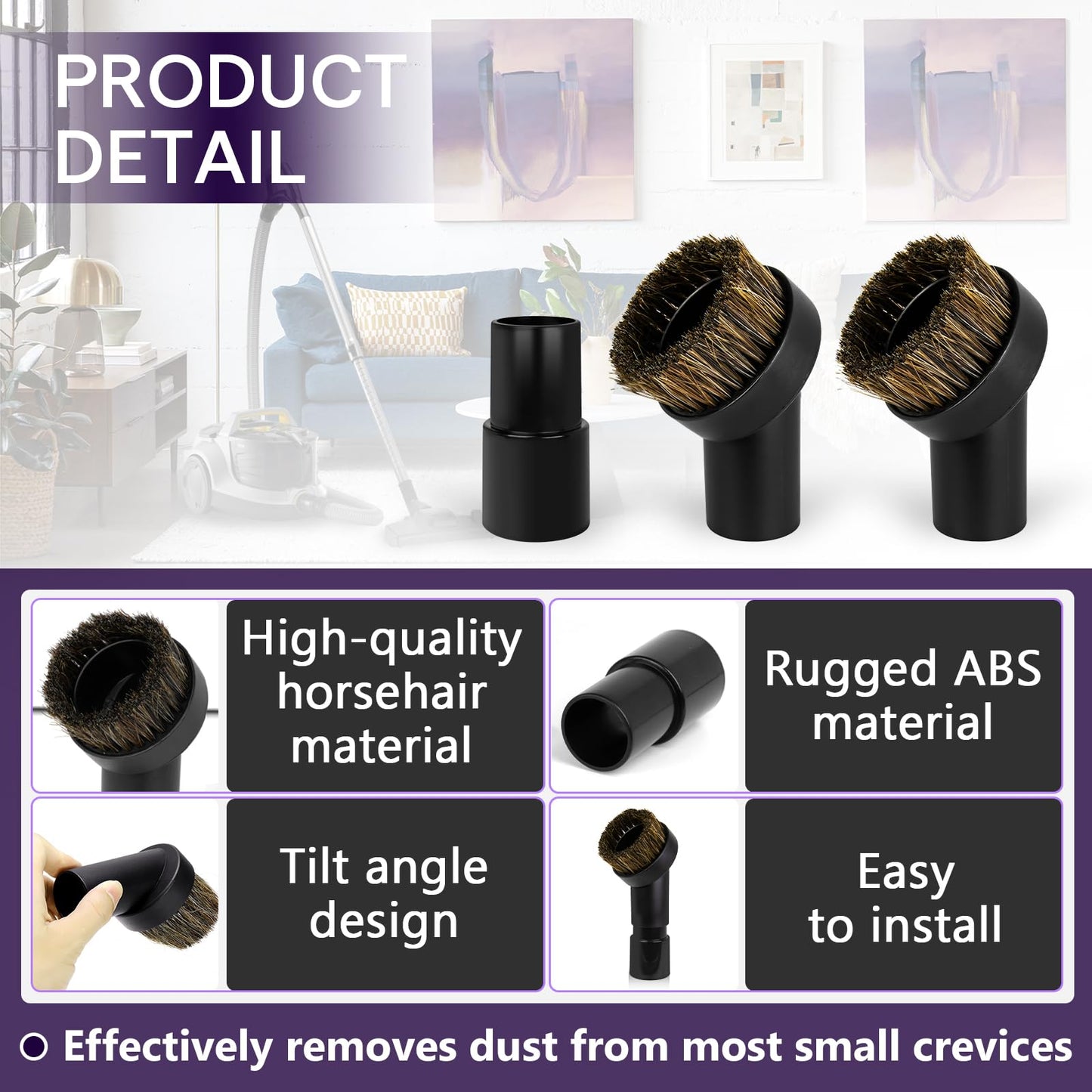 3PCS Horse Hair Brush Vacuum Attachment Set - Black Round Horse Hair Vacuum Attachments & Brushes - Shop Vac Brush Attachment for Most Vacuum Cleaners Accessories - 1 1/4" Vacuum Attachments Included