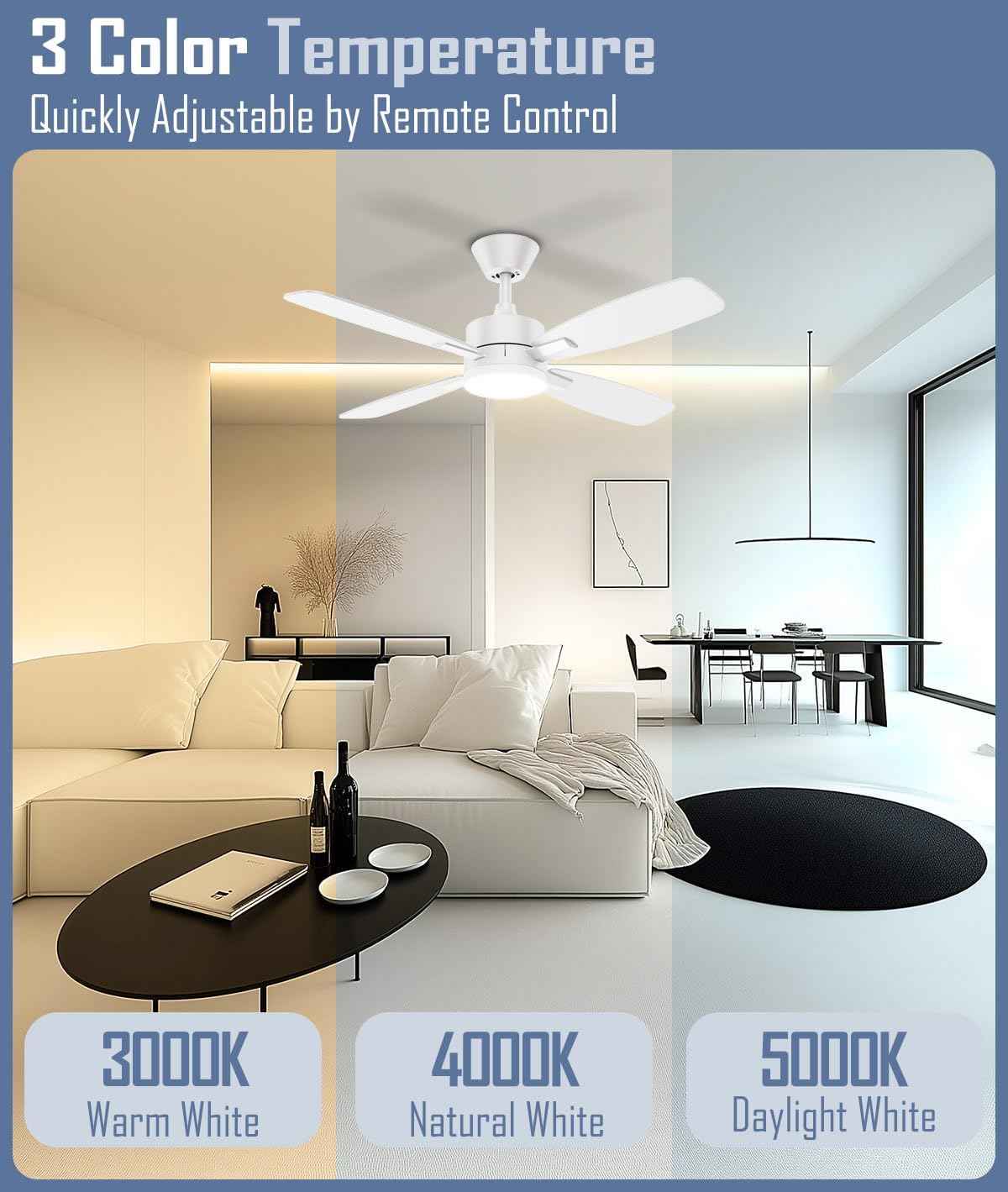 52-Inch Ceiling Fan with Remote Control & Dimmable Light - Noiseless DC Motor for Indoor/Outdoor Use