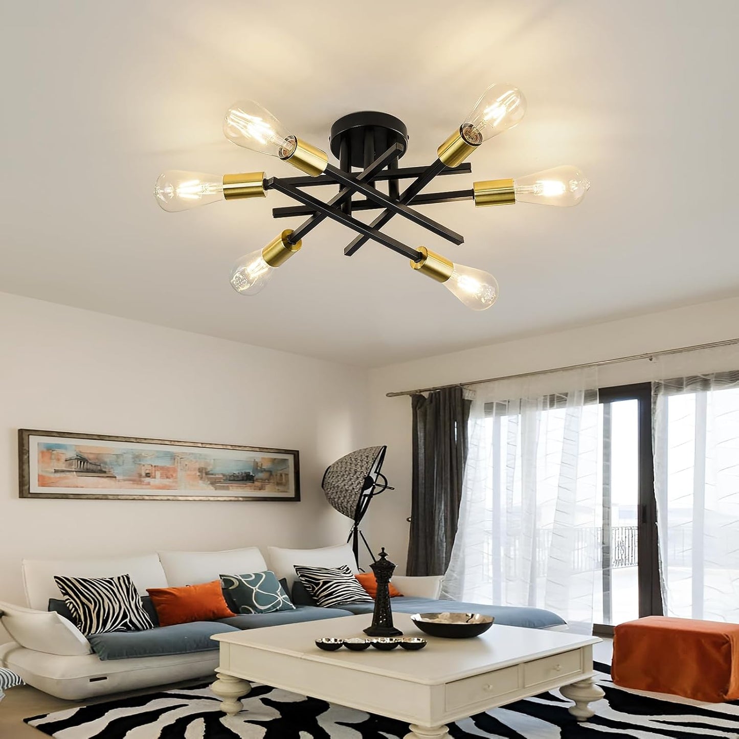 Gold Modern 6-Light Semi Flush Mount Ceiling Light Fixture - Vintage Sputnik Chandelier for Kitchen, Dining & Living Room