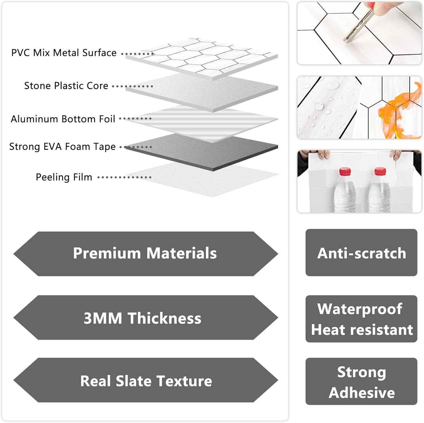 Glossy Wood Grain Peel and Stick Backsplash Tile - 10 Sheets Hexagon Mosaic for Kitchen & Bathroom, 12.4 x 12 Inch