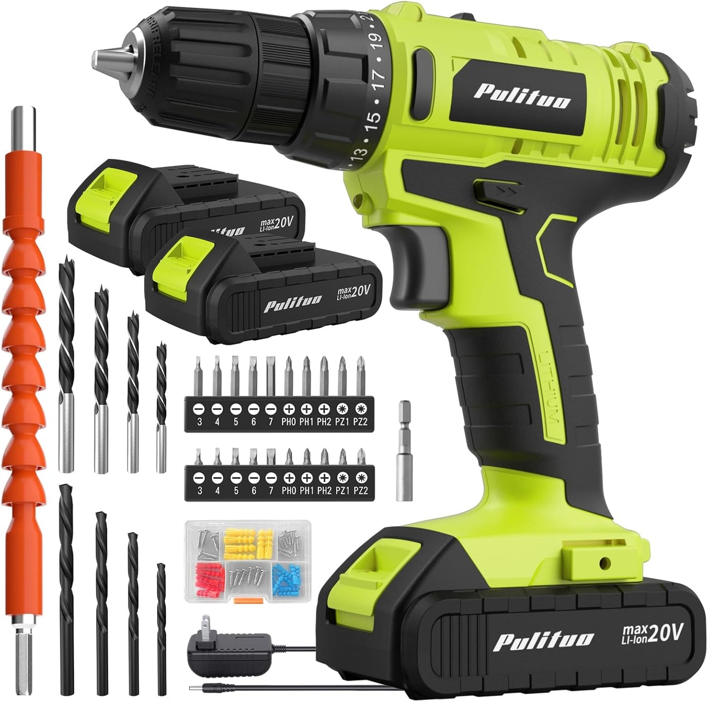 20V Cordless Drill/Driver Kit with 2 Batteries, 30Nm Torque & LED Light - PULITUO