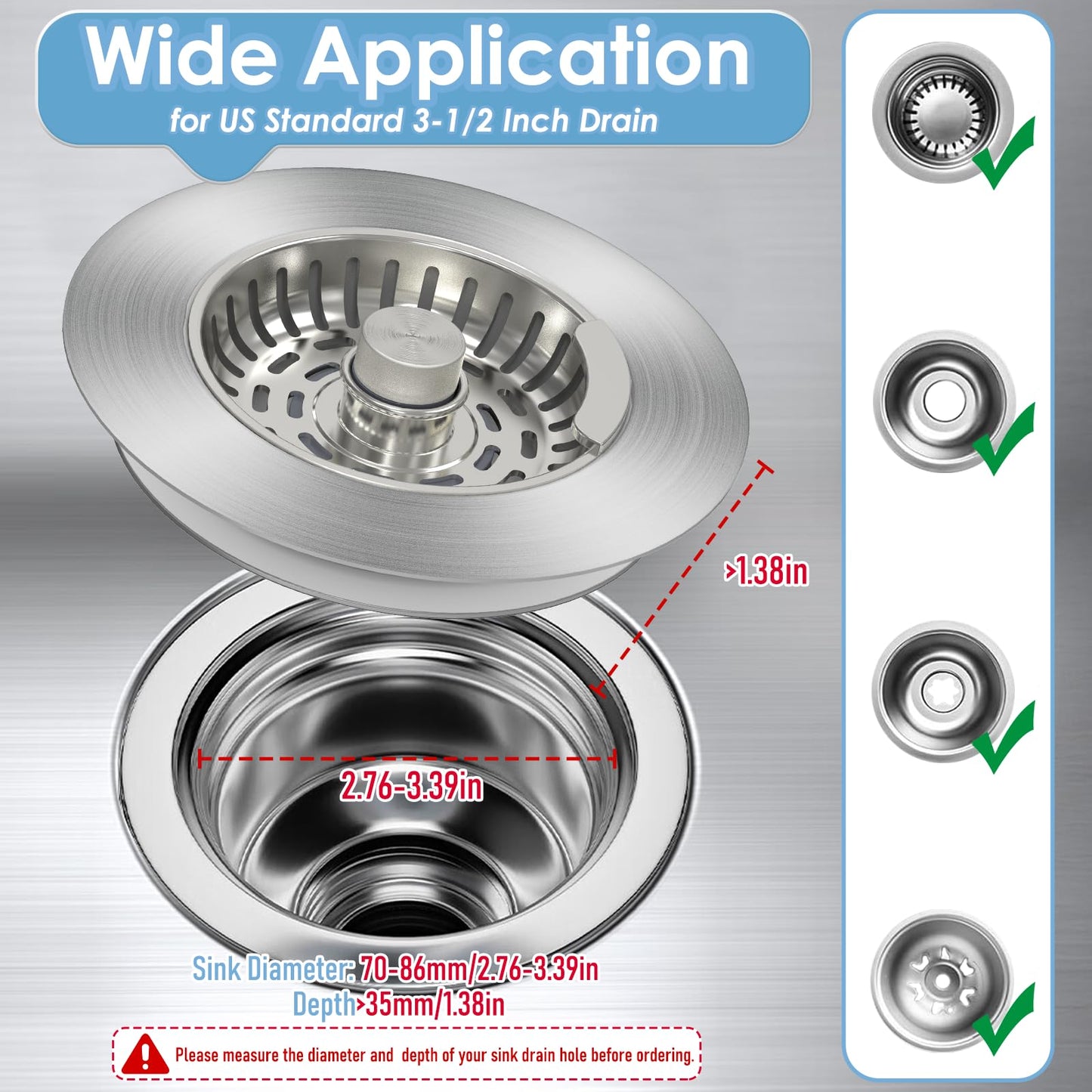 Semour 3 in 1 Kitchen Sink Drain Strainer, 304 Stainless Steel Kitchen Sink Stopper, Pop Up Kitchen Sink Strainer, Fast Drainage Anti-Clogging Sink Plug for US Standard 3-1/2 Inch Drain