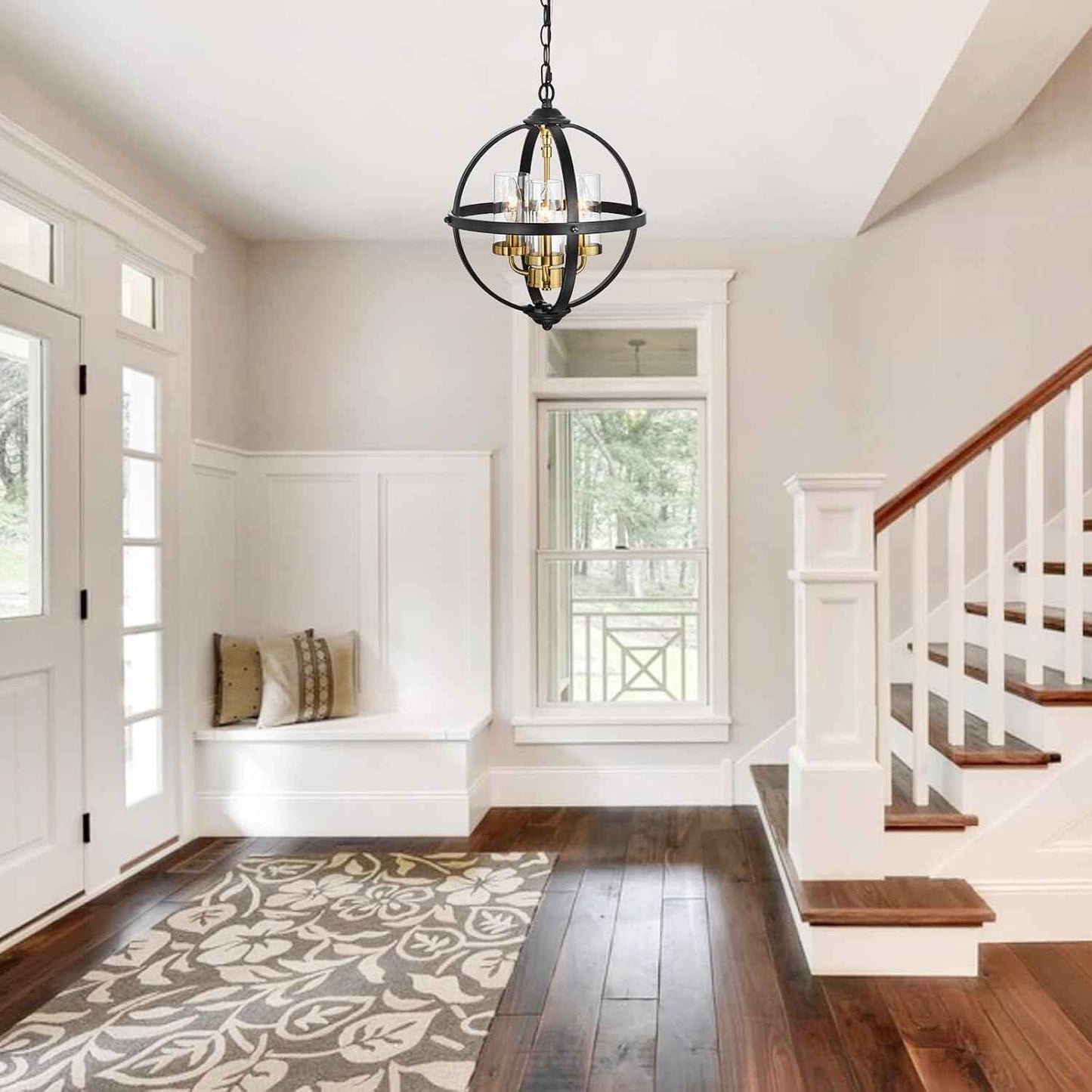 Rustic 14" Farmhouse Chandelier - Vintage Black & Gold 3-Light Pendant Light for Kitchen, Dining Room & Entryway