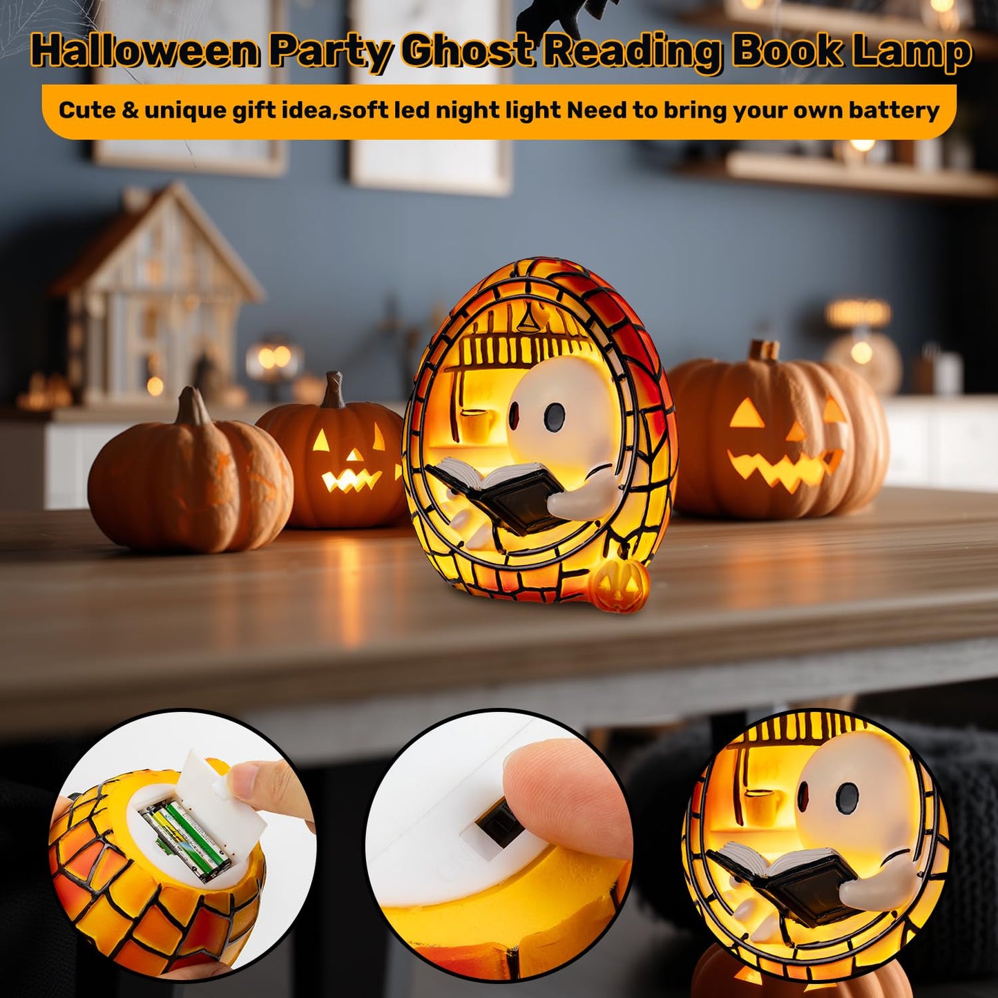 Clussbin Halloween Ghost Reading Book Lamp Halloween Ghost Night Light with Flickering Effect, Halloween Lights Indoor Ghost Decor