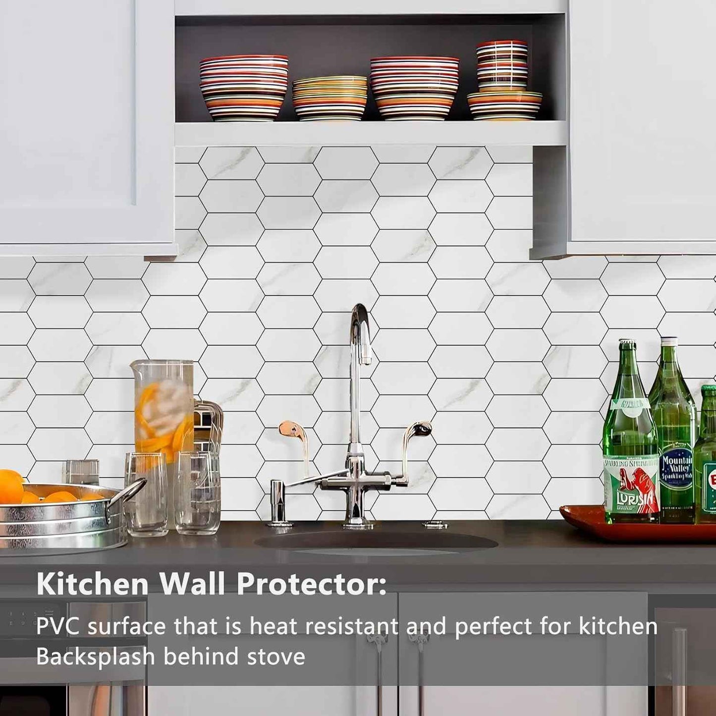 Glossy Wood Grain Peel and Stick Backsplash Tile - 10 Sheets Hexagon Mosaic for Kitchen & Bathroom, 12.4 x 12 Inch