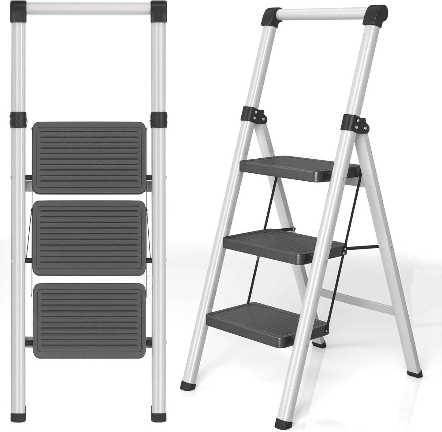 DIAMONDFORGE 4-Step Folding Ladder - Sturdy Steel Construction, Anti-Slip Pedals & Feet, Handgrip - Home Use, White & Red