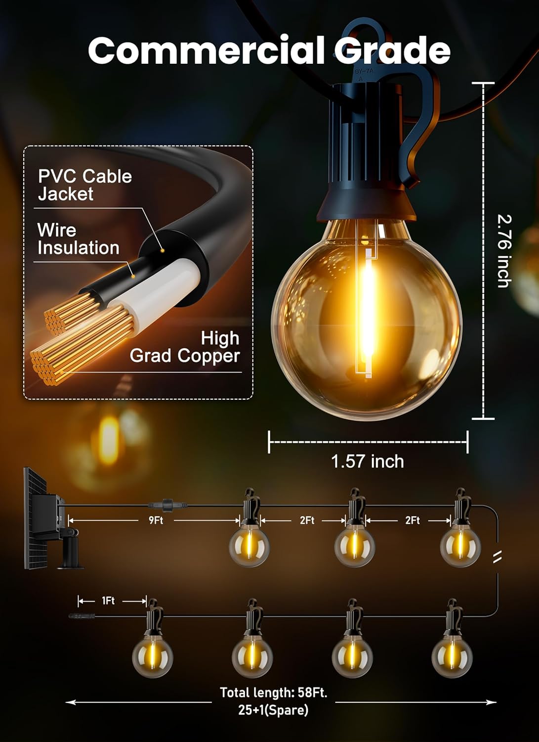 Solar String Lights Outdoor 108FT with Remote - 52 Dimmable LED Bulbs for Patio, Garden, Wedding