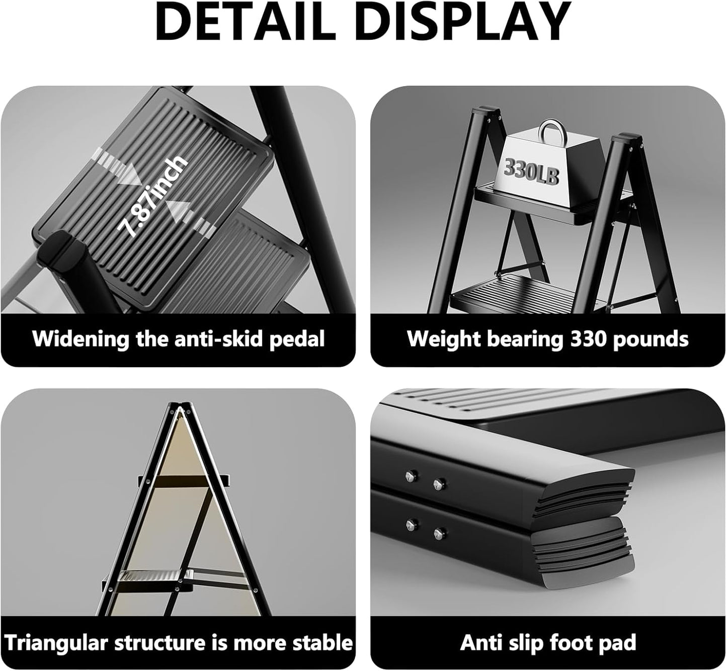 3-Step Folding Ladder - Sturdy 330 lbs Capacity Step Stool with Anti-Slip Pedals for Home & Office