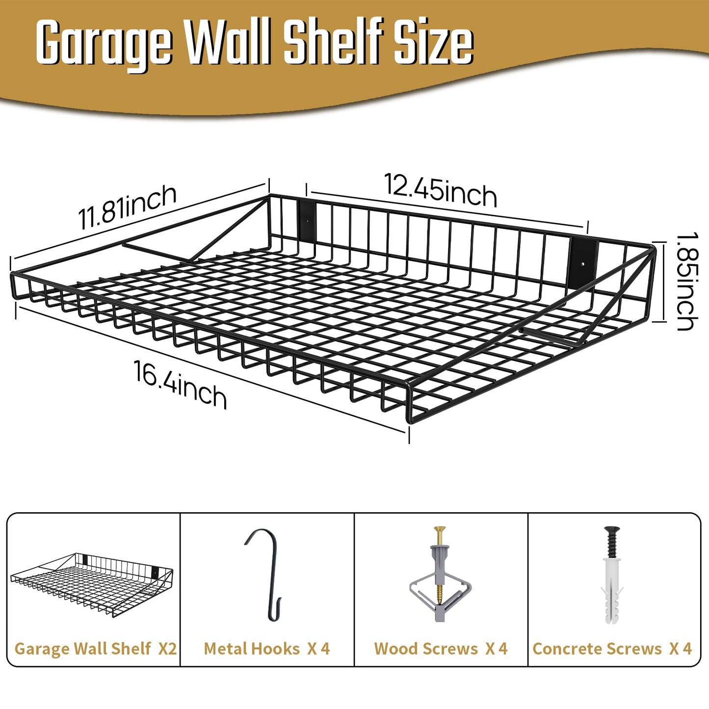 2 Pack Garage Wall Shelf, Garage Wall Mounted Shelving, Heavy Duty Floating Shelves With 4 Hooks, Loads 90 LBS Black Wall Shelves Mesh Storage Rack for Office, Basement, Wall Cabinet and Kitchen