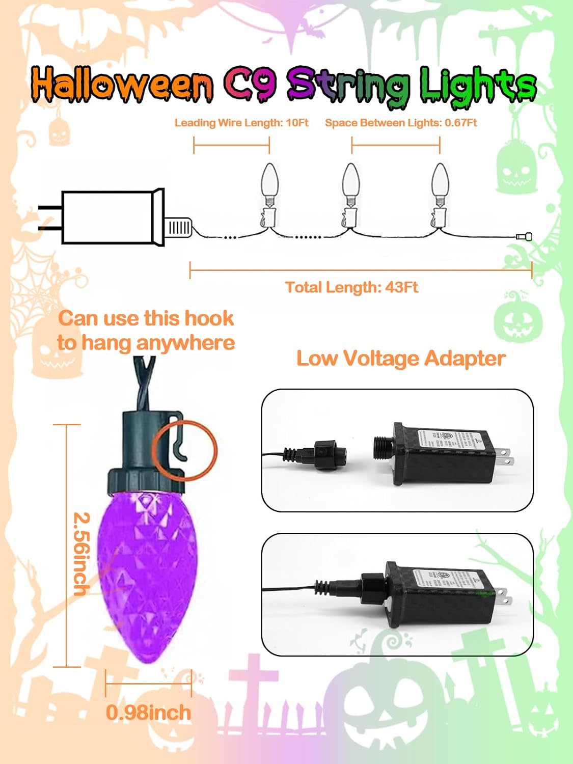 100 LED C9 Halloween String Lights - 66FT Waterproof Twinkle Lights with 8 Modes & Timer for Indoor/Outdoor Decor (Orange, Purple, Green) - 2-Pack