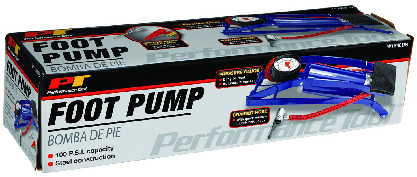Performance Tool W1638DB Foot Pump for Bike Tires and Sports Equipment with Air Pressure Gauge, Braided Hose, and Needle Valve with Adaptors, 100 P.S.I Capacity, Blue