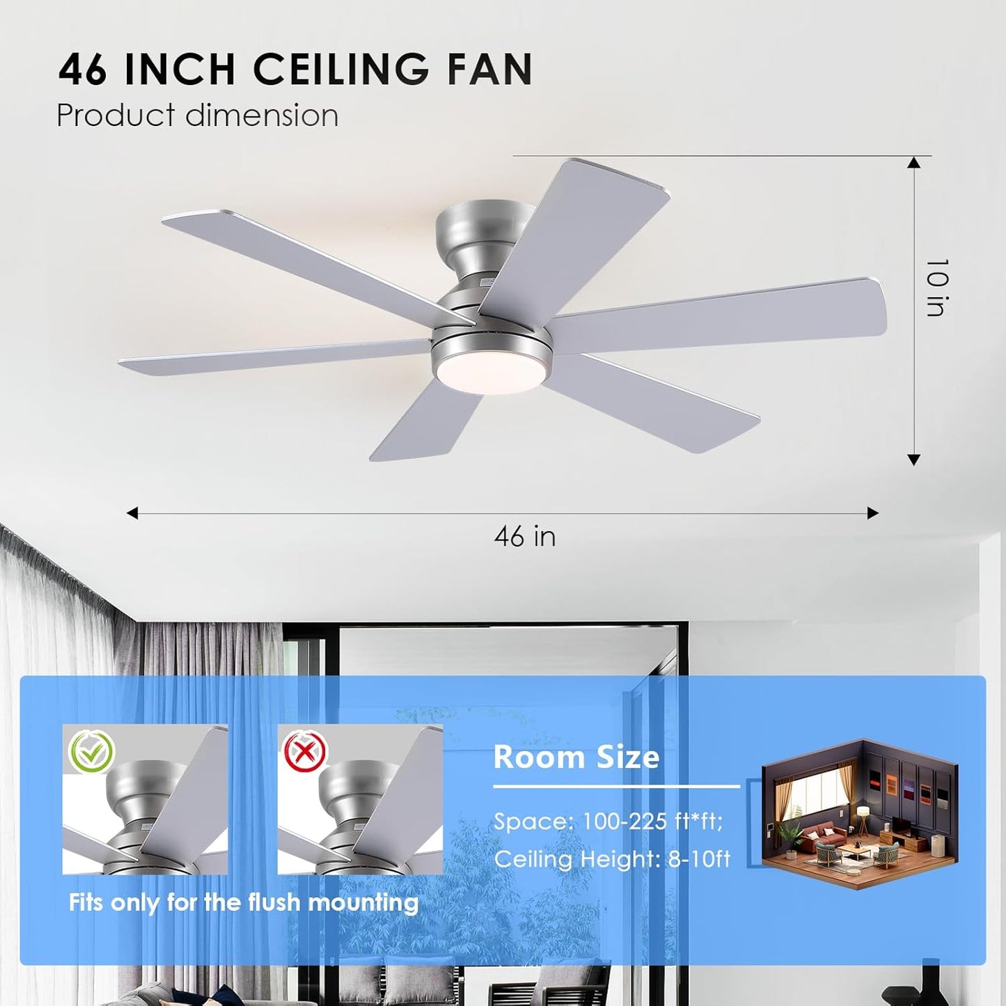 46” Black Low Profile Ceiling Fan with Lights & Remote Control - Dimmable, Noiseless, Reversible for Bedroom