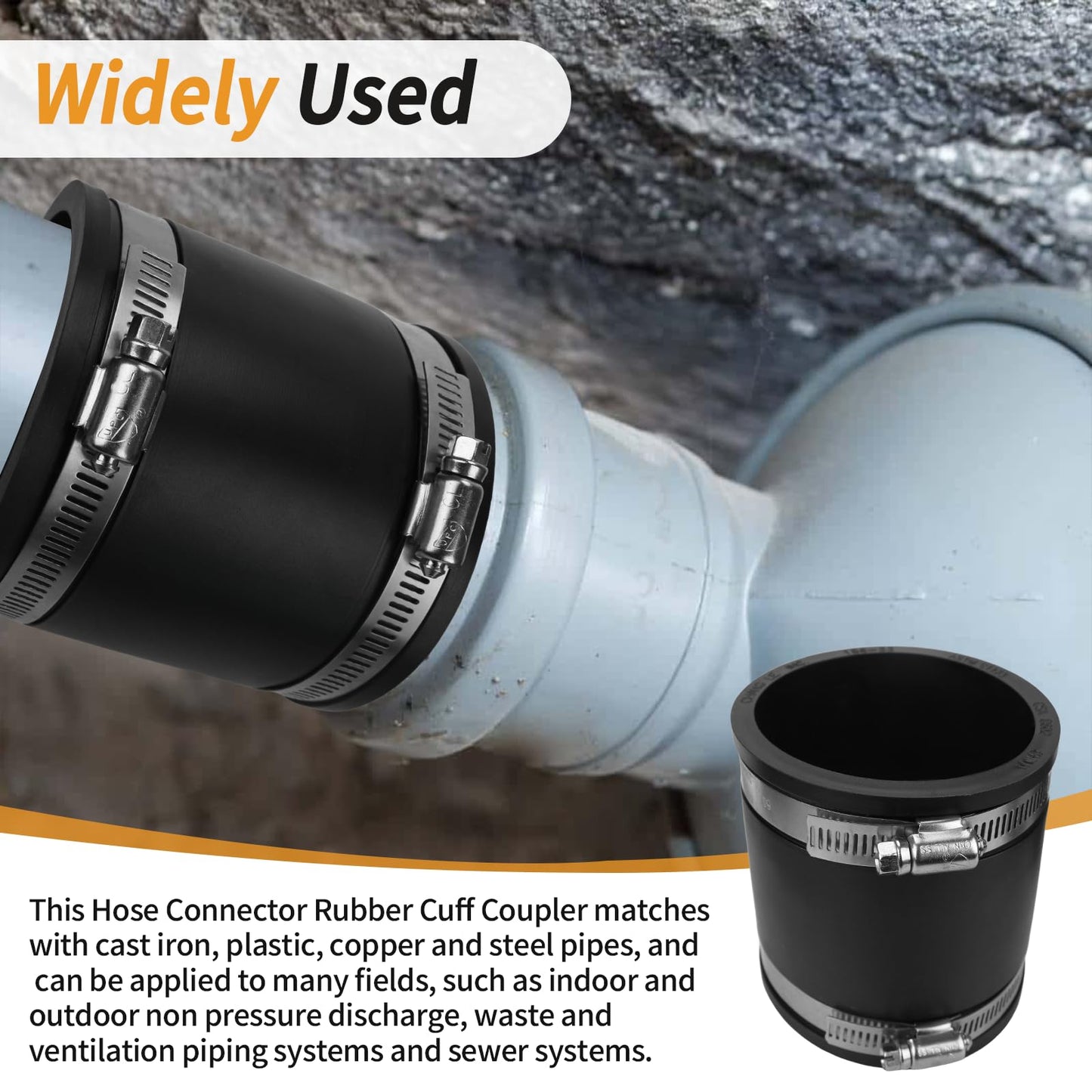 Flexible PVC Pipe Coupling with Rubber Hose Clamps for Flex Coupling1-1/2 Inch Nominal Pipe Drain Repair, Dust Hose,Plumbing Connection,Cast Iron,Plastic Pipe Upgrade, PVC Condensate Pipe Coupling