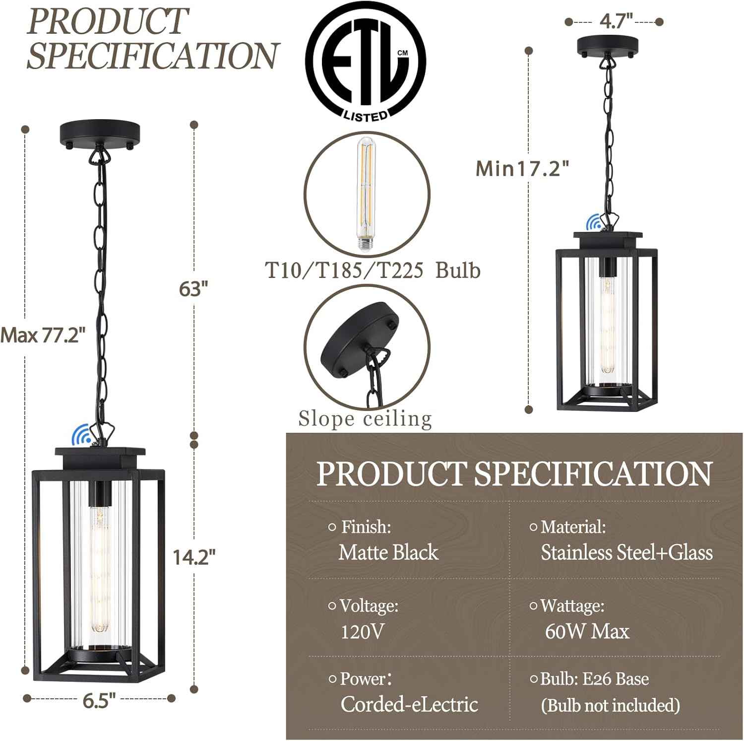 Modern Black Outdoor Pendant Light - 1-Light Hanging Lantern for Porch & Gazebo