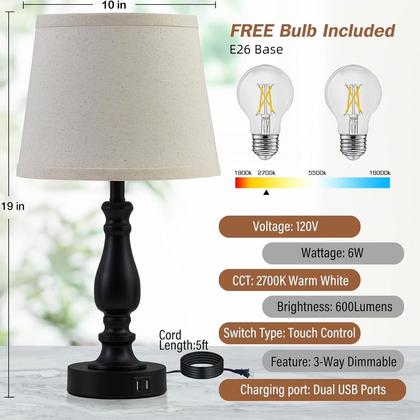 Touch Bedside Table Lamps Set of 2 with USB C+A Ports - 3-Way Dimmable Linen Shade