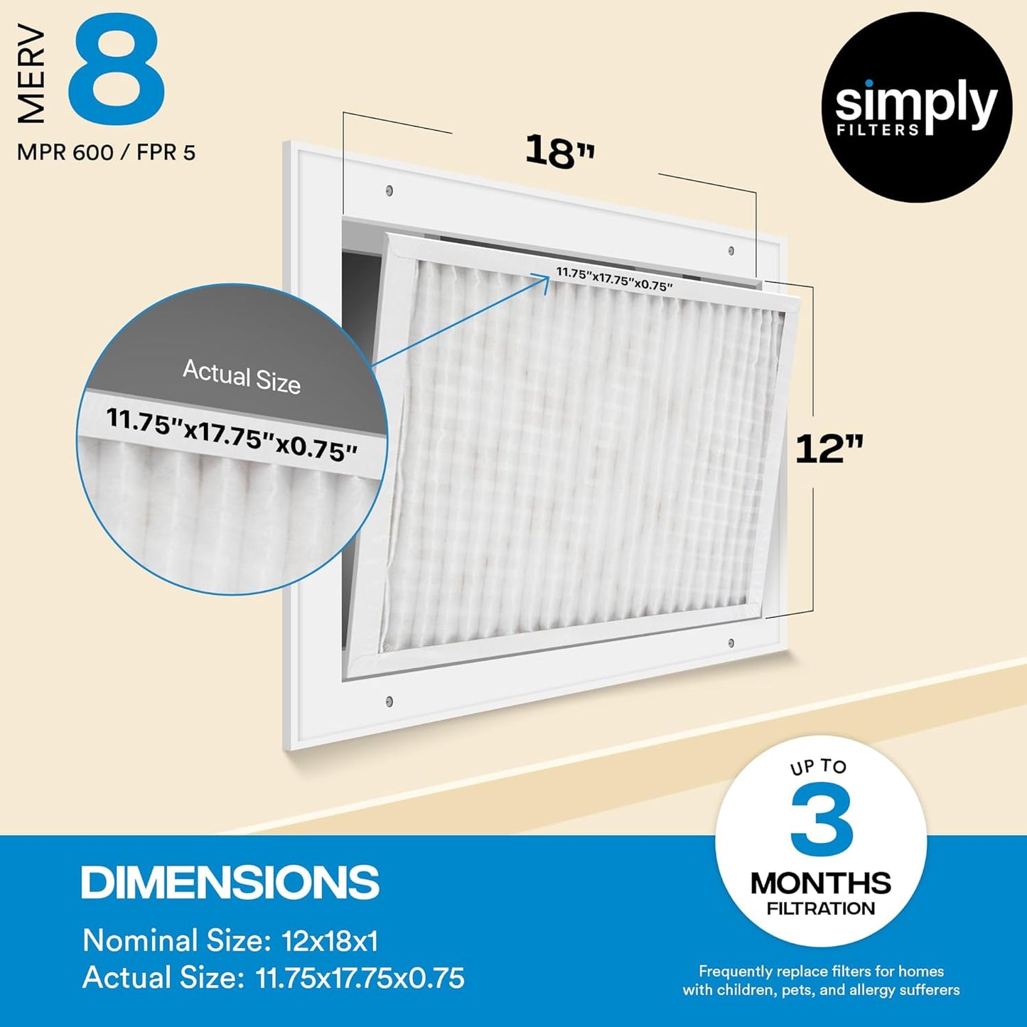 12x18x1 MERV 8 Air Filter 6-Pack for Home AC & HVAC - Dust, Pet & Allergy Control