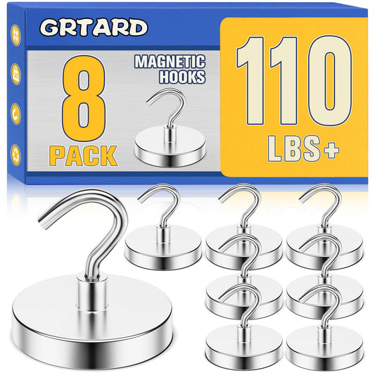 Grtard 110 lbs Magnetic Hooks Heavy Duty, 8 Pack Strong Magnet Hook for Cruise Cabins, Large Magnetic Hooks, Magnets with Hooks for Hanging, Cruise, Curtain, Home, Kitchen, Workplace(Silver)