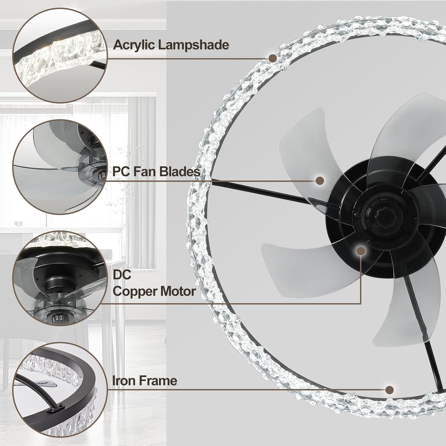 Flush Mount Ceiling Fan with Lights & Remote - 6 Speed Low Profile for Bedroom & Small Rooms