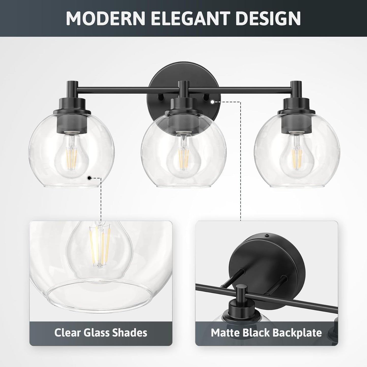 3-Light Vanity Bathroom Light Fixture with Globe Glass Shades - Brushed Nickel, ETL Certified