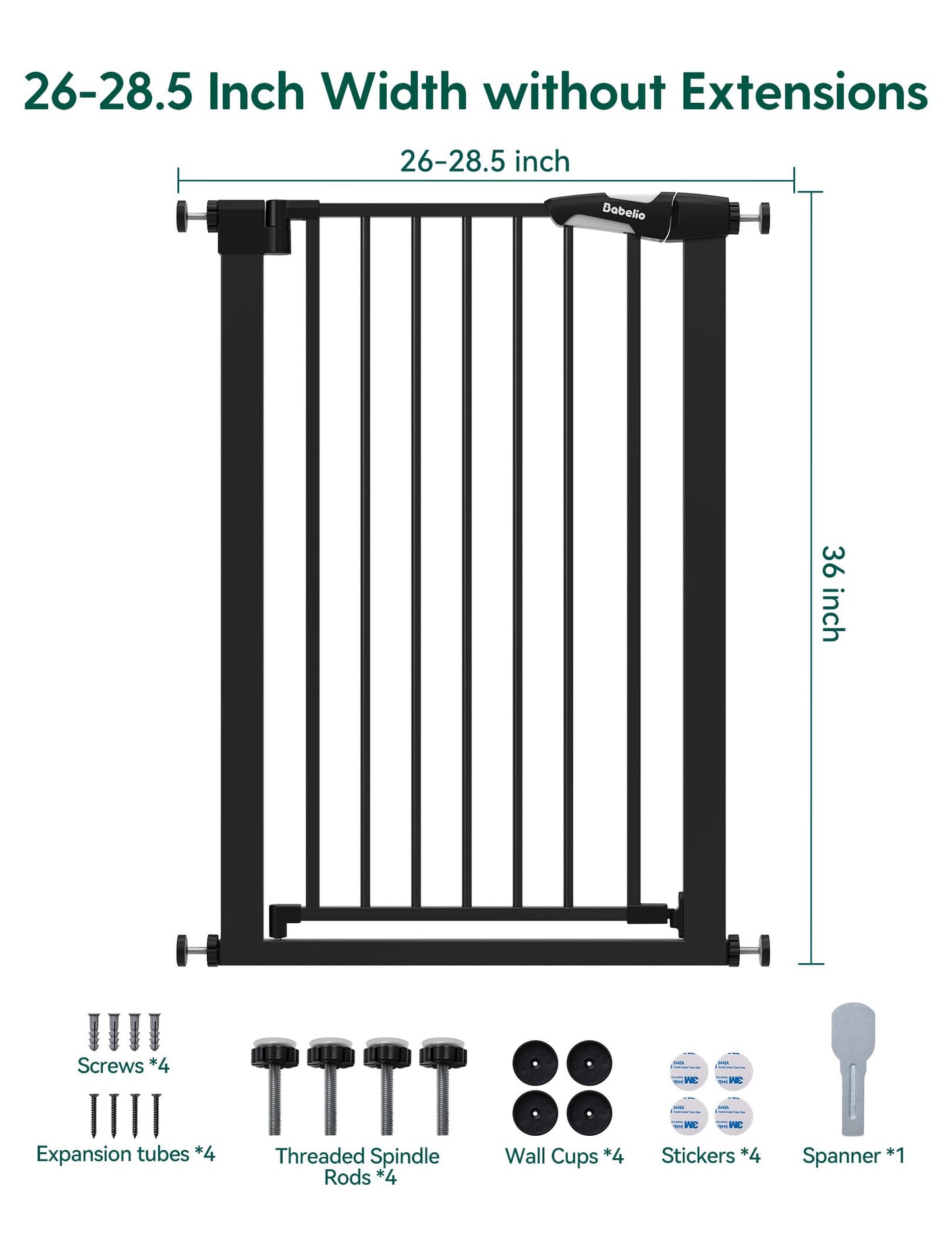 BABELIO 36" Tall Narrow Baby Gate, 26-28.5" Auto-Close Metal Pet Gate for Small Stairs/Doorways/Hallways, NO Drilling Pressure Mounted for Child and Pets, NO Extensions, Black