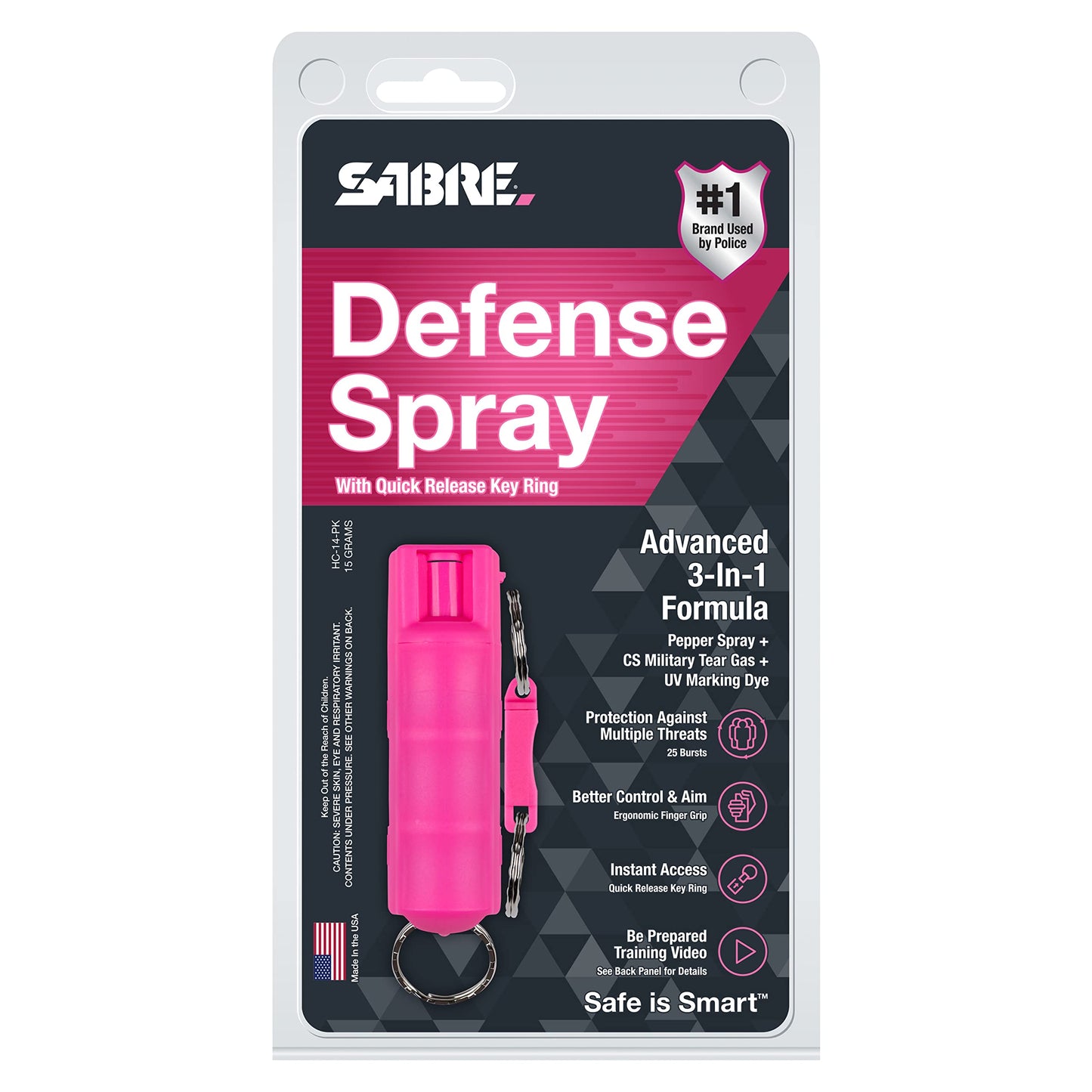 SABRE 3‑in‑1 Defense Pepper Spray with Tear Gas & UV Marking Dye - Twist-Lock Safety, Quick-Release Keychain, Maximum Strength OC for Self Defense, 14-ft Range, 10 Second Spray Time, 0.54 fl oz