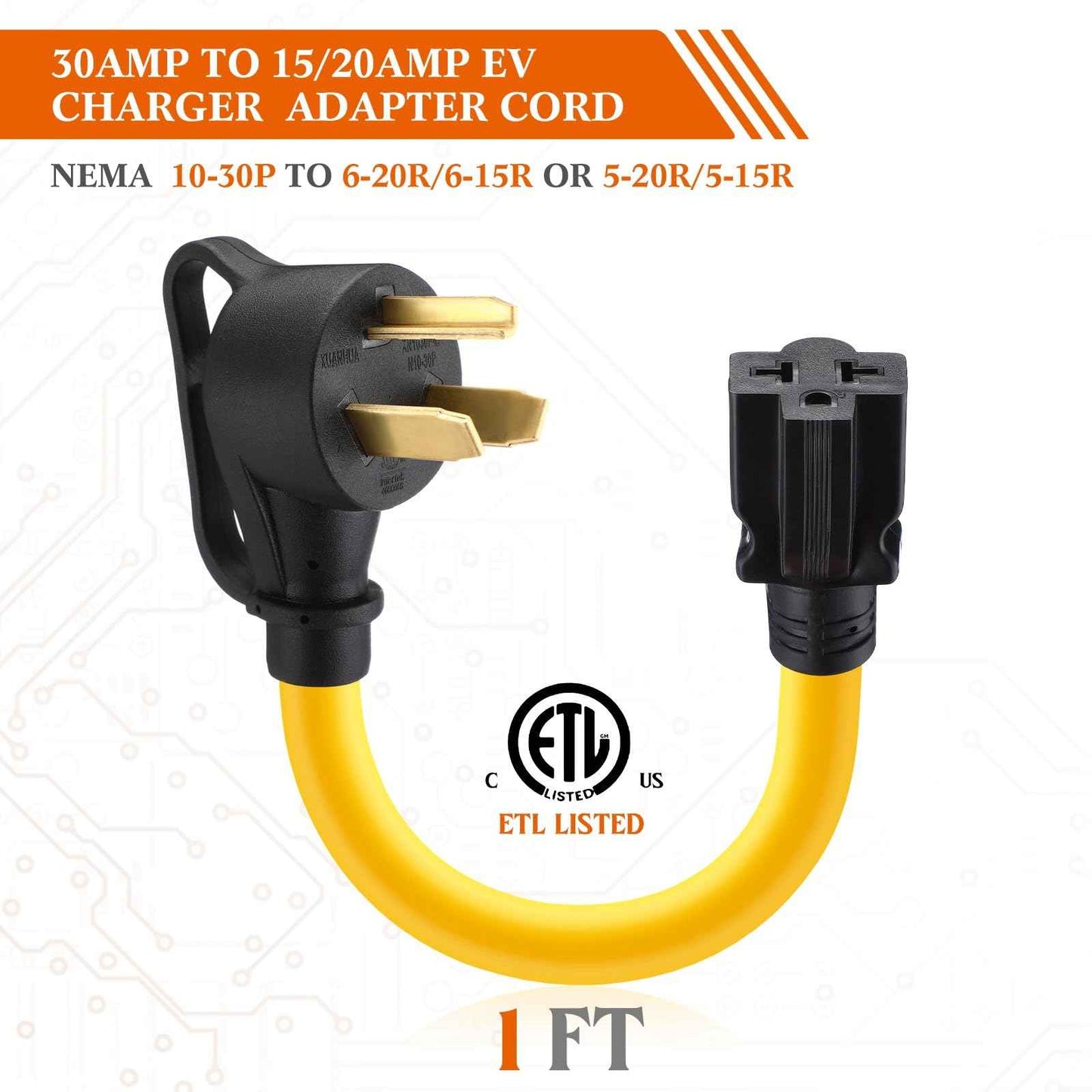 Tellegloww 30 Amp to 20 Amp Dryer to EV Charger Adapter compatible with NEMA 10-30P to 5-15/20R or 6-15/20R, 30Amp 3 Prong Dryer Plug 10-30P to 240V 6-20R 6-15R 5-15R 5-20R T-Blade for EV Charging