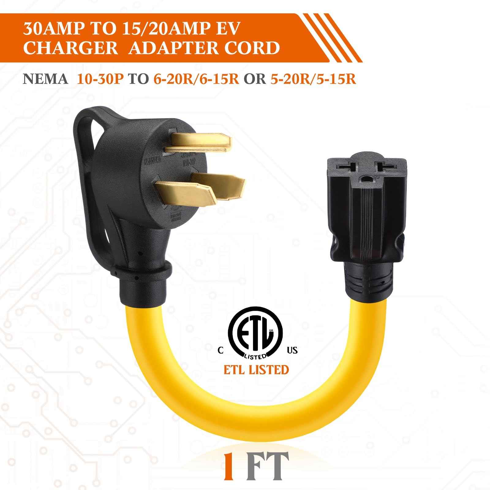Tellegloww 30 Amp to 20 Amp Dryer to EV Charger Adapter compatible with NEMA 10-30P to 5-15/20R or 6-15/20R, 30Amp 3 Prong Dryer Plug 10-30P to 240V 6-20R 6-15R 5-15R 5-20R T-Blade for EV Charging