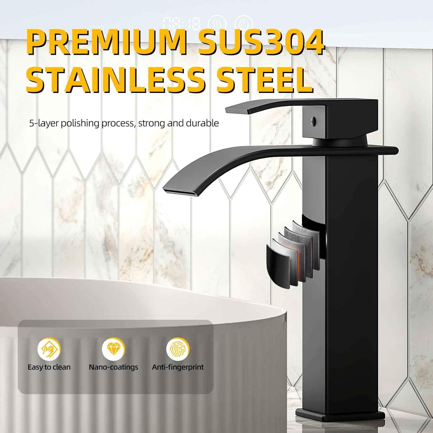 Modern Brushed Gold Bathroom Faucet with Waterfall Spout & Pop-Up Drain - Single Handle Vanity Sink Faucet