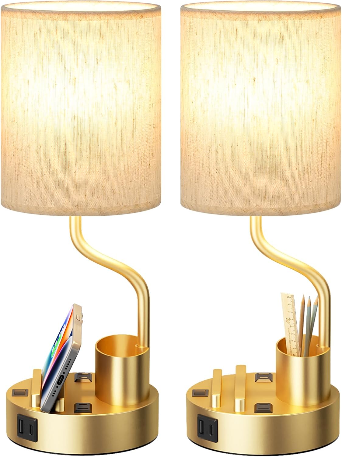 Set of 2 Bedside Table Lamps with USB & AC Outlet - 3 Color Temperatures, Desk Light & Phone Stand for Bedroom, Living Room, Office