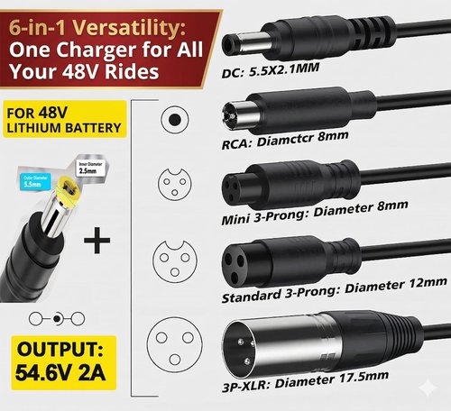 54.6V 2A Electric Bike Charger for 48V Lithium Battery (UL Certified), Input 110-240V, with 6 Jack Connectors (DC2.1MM / DC2.5MM / RCA 8MM / 3-P 8MM / 3-P 12MM/ 3-P XLR) (48V Ebike Battery Only)