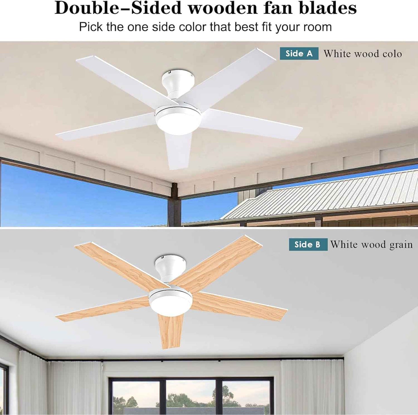 48-Inch Low Profile Ceiling Fan with Lights & Remote Control - Dimmable, Noiseless, Reversible Motor for Bedroom & Indoor/Outdoor Use