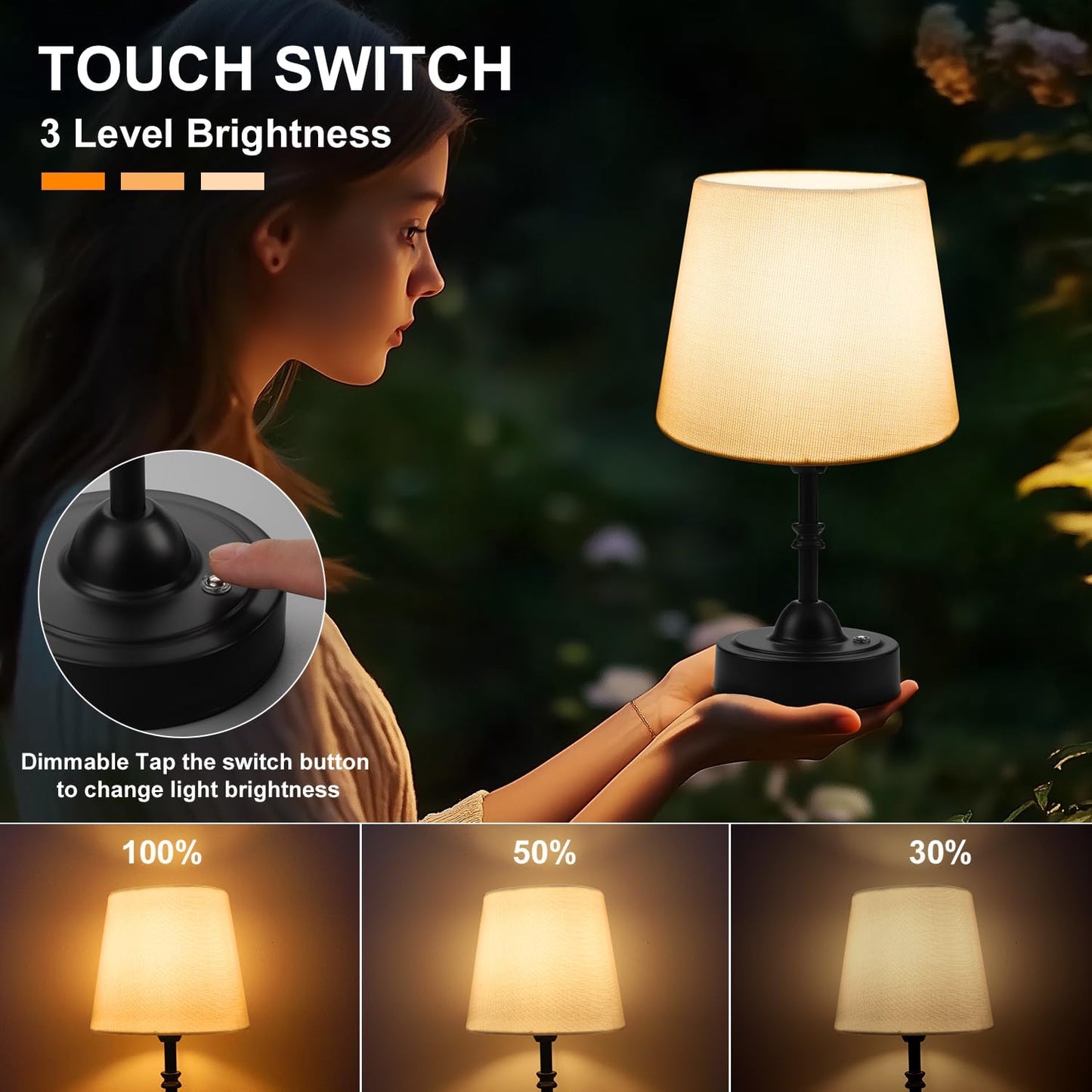 Rechargeable Cordless Touch Table Lamp - 5000mAh Battery, 3-Level Dimmable, Portable Brass Night Light for Home & Patio