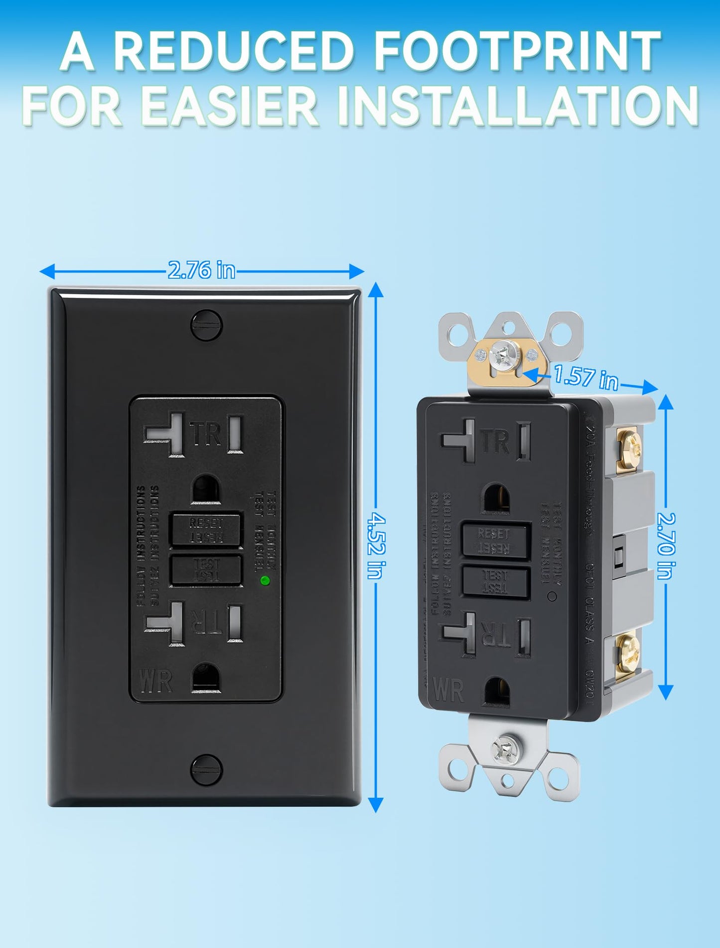1-Pack 20 Amp GFI Electrical GFCI Outlet Self-Test Tamper Resistant (TR) Weather Resistant (WR) Ground Fault Receptacle with LED Indicator UL Listed Standard Wall Plate Included Black
